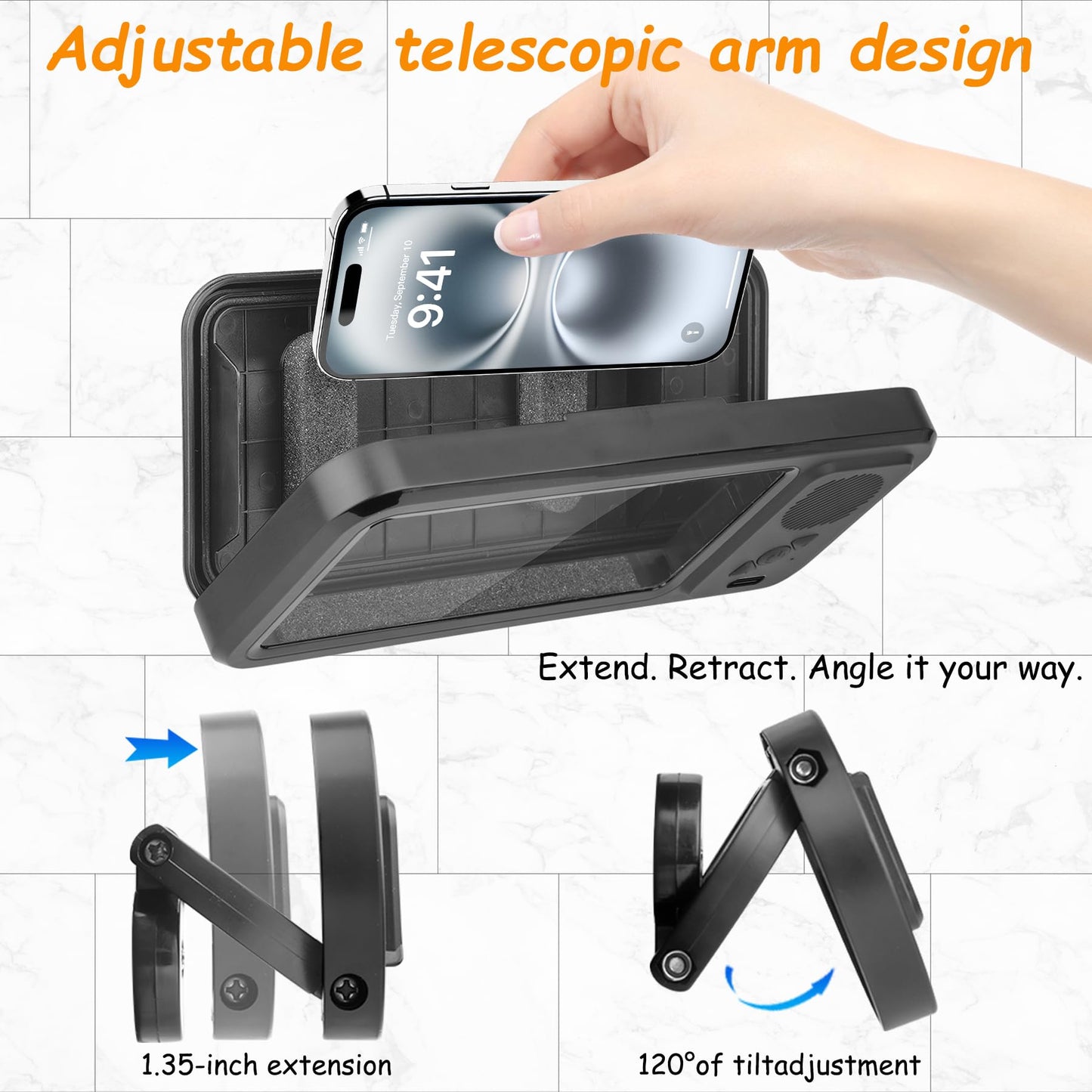 Shower Phone Holder with Wireless Bluetooth Speaker , 480° Rotation Retractable Adjustable Shower Case for iphone ,Bathroom Wall Phone Mount Stand