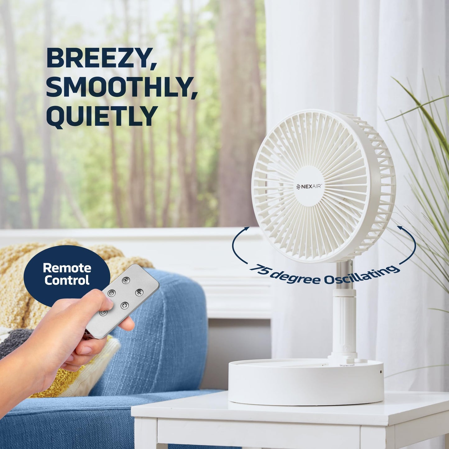 NEXAIR 8" Foldable Fan, Oscillating 4 Speed Portable Fan Adjustable Height 14”-40", Remote Controlled folding Fan with 10,000mAh Rechargeable Battery