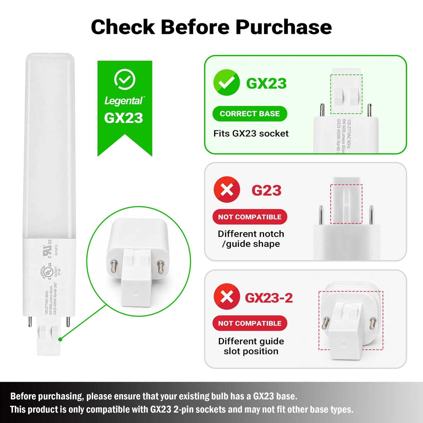 Legental GX23 Base LED Bulb 2 Pin, 6W(13W CFL Equivalent), 3000K Warm White