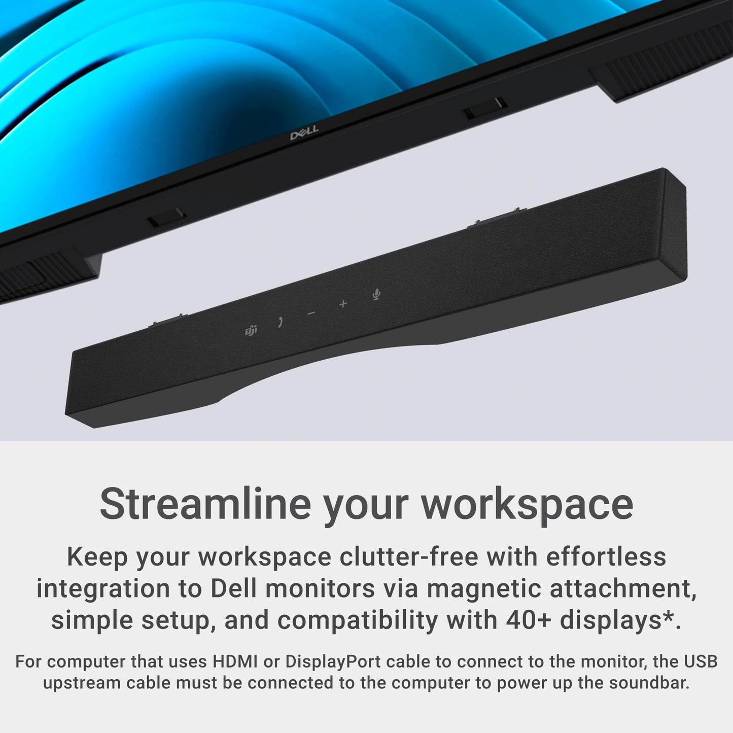 Dell Pro Premium Conferencing Soundbar - SB725 - Controls End/Call/Volume Down/Volume Up/MS Teams, LED Status Indicator, Wired, AI-Based Noise
