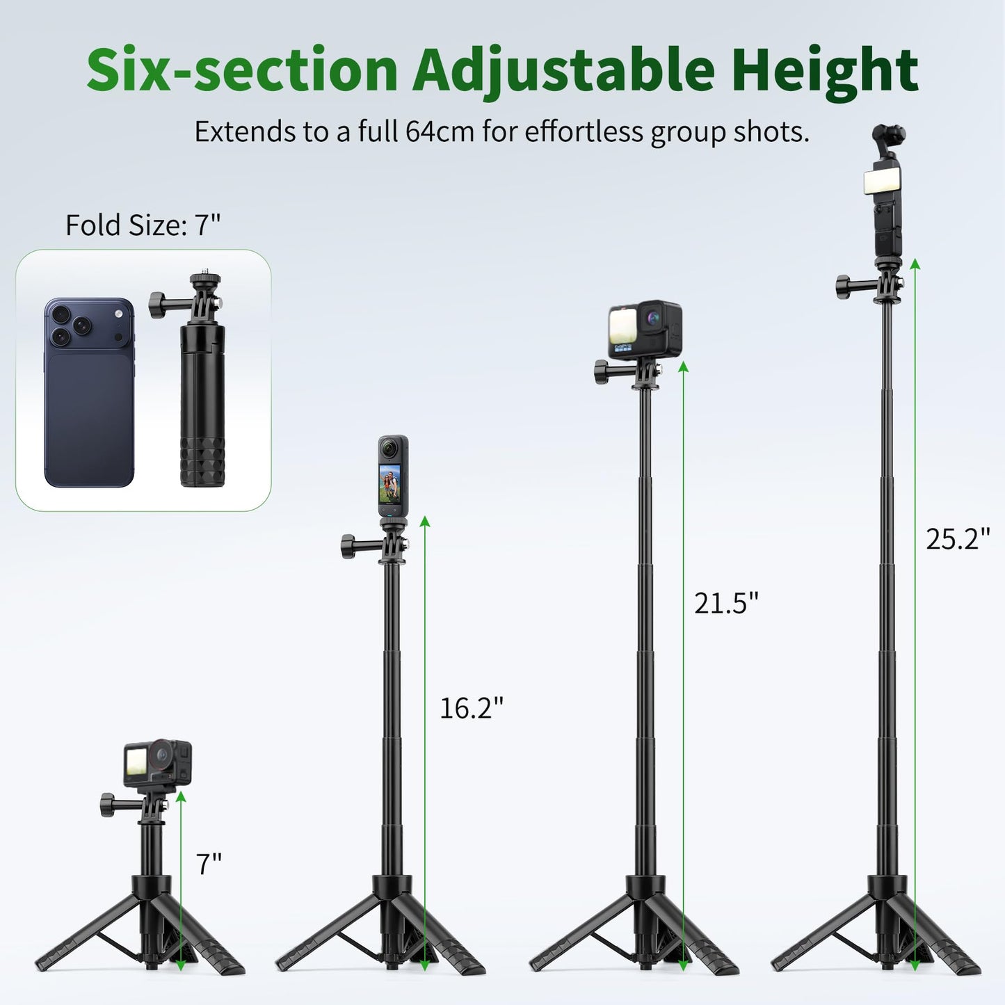 JOILCAN 25.2" Selfie Stick Tripod, Action Camera Vlog Tripod, Portable Handle Grip Stand for GoPro Hero 13/12/11/10, Insta360, DJI Osmo Action 6/5