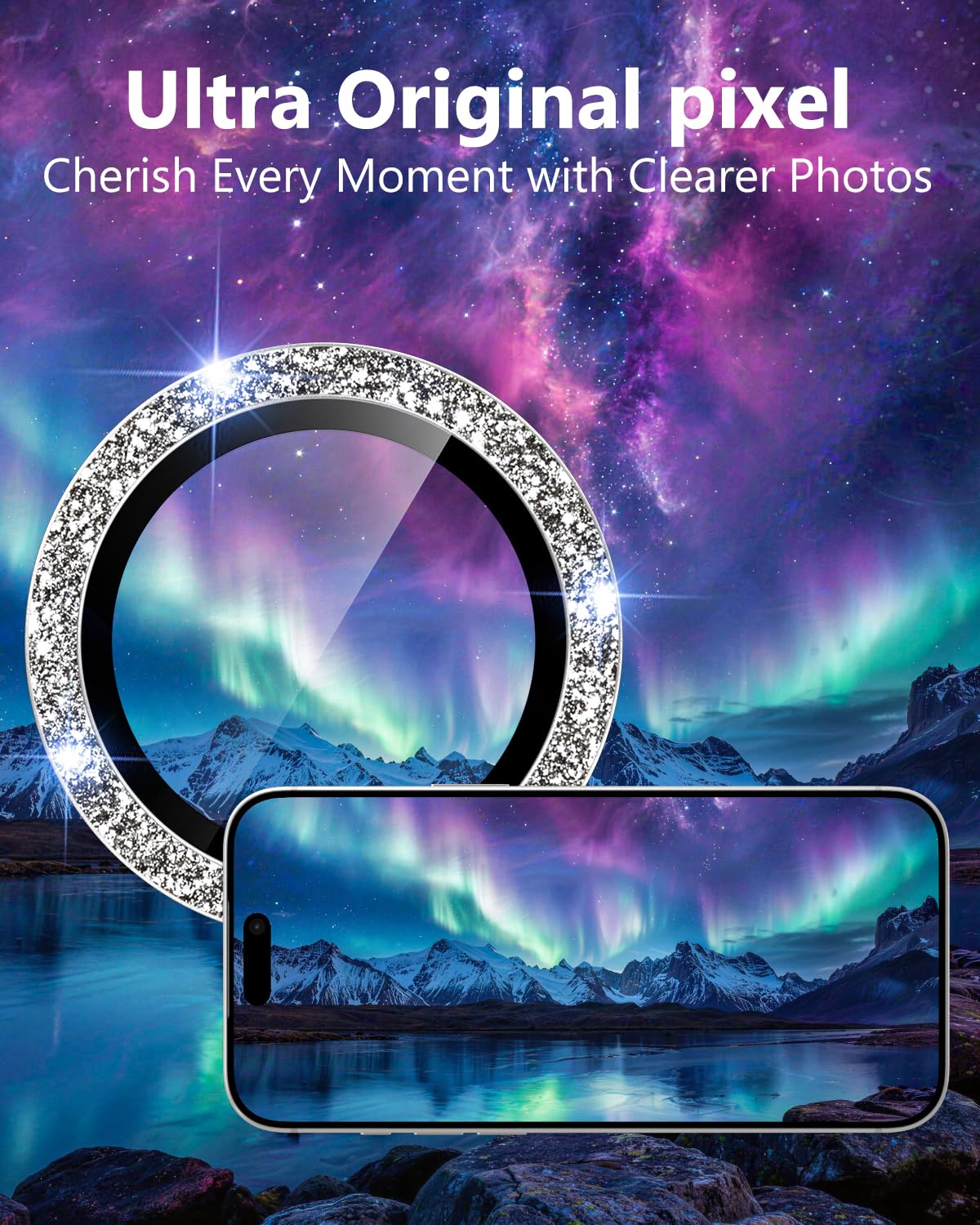 EZ-GLAZ Bling Camera Lens Protector for iPhone 17 Pro Max/ 17 Pro/ 16 Pro Max/ 16 Pro/ 15 Pro Max/ 15 Pro/ 14 Pro Max/ 14 Pro, Glitter Decoration
