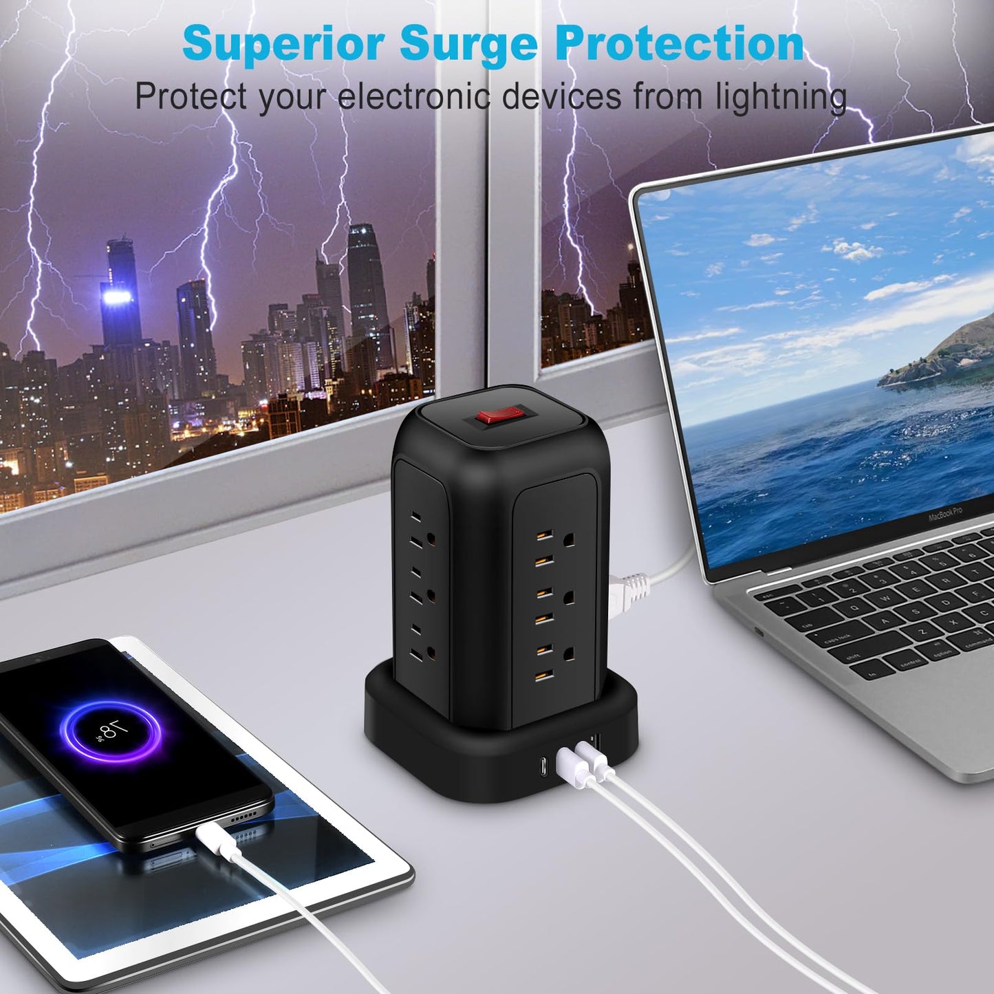 FUAUFAS Tower Power Strip Surge Protector USB Ports, Multiple Outlets Ports Desktop Charging Station, Flat Plug, Wall Mount,with Night Light Station