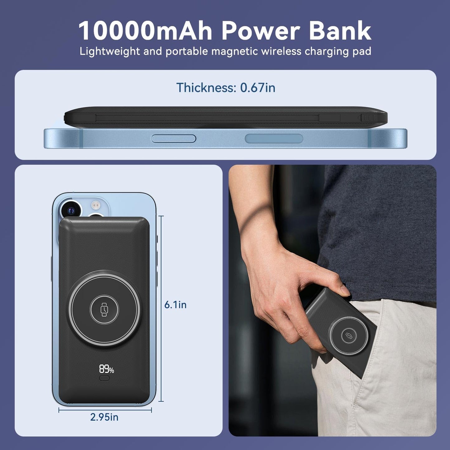 LUCKYFELLOW Magnetic 10000mAh Portable Charger for iWatch & iPhone, PD Fast Charging Wireless Power Bank Built-in Cables and Wall Plug, External