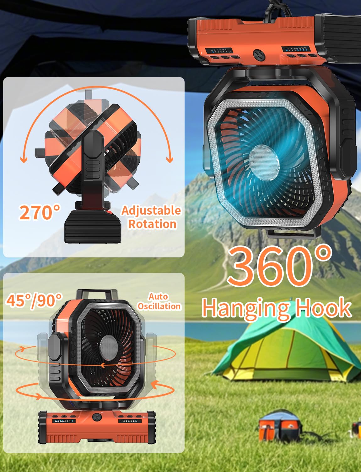 EEIFO 12 Inch Portable Camping Fan, 40000mAh Rechargeable Battery Powered Fan with 4 Speeds Wind and LED Light 140H, Cool & Warm Light and SOS Mode