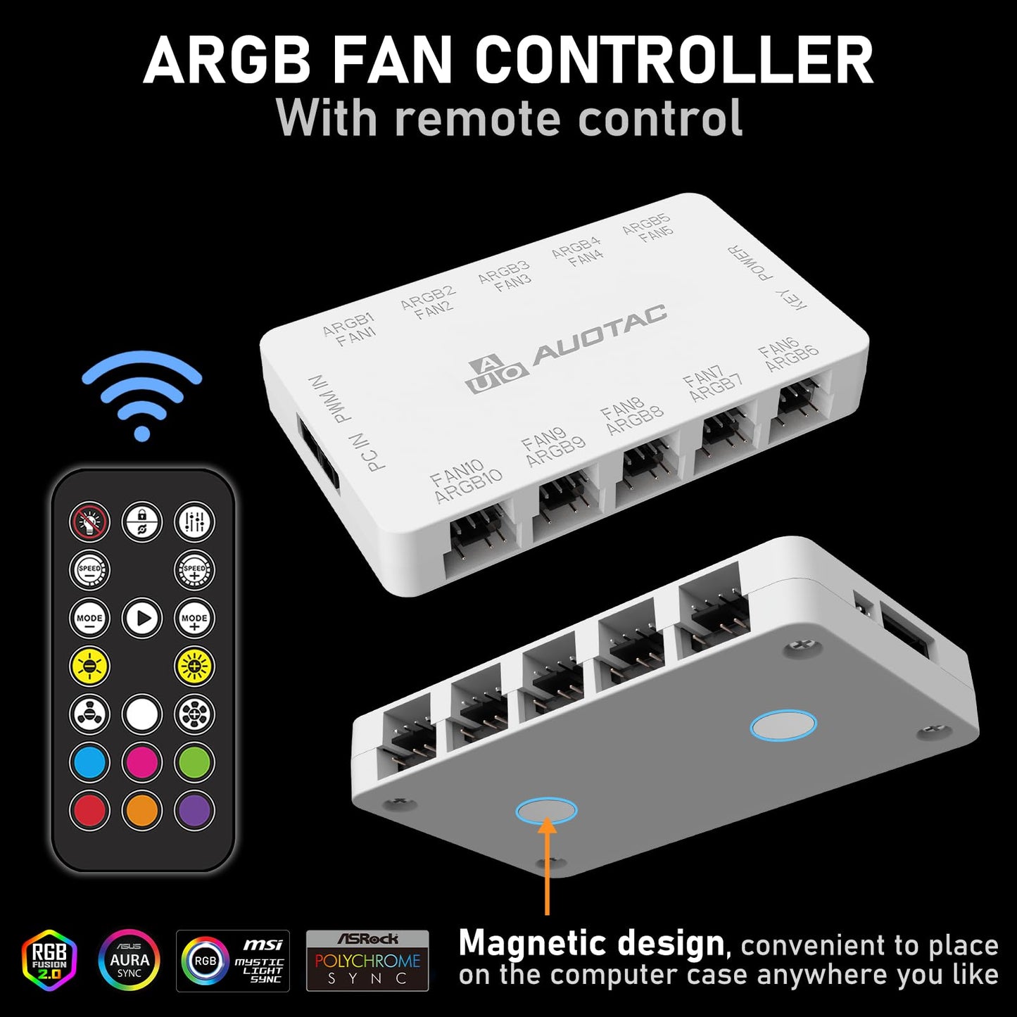 Auotac ARGB Controller PWM Fan Hub with RF Remote, (Connect Ten Case Fans, 5V 3Pin ARGB & 12V 4Pin PWM Fan Connector, Dual SATA Power Input, Magnetic