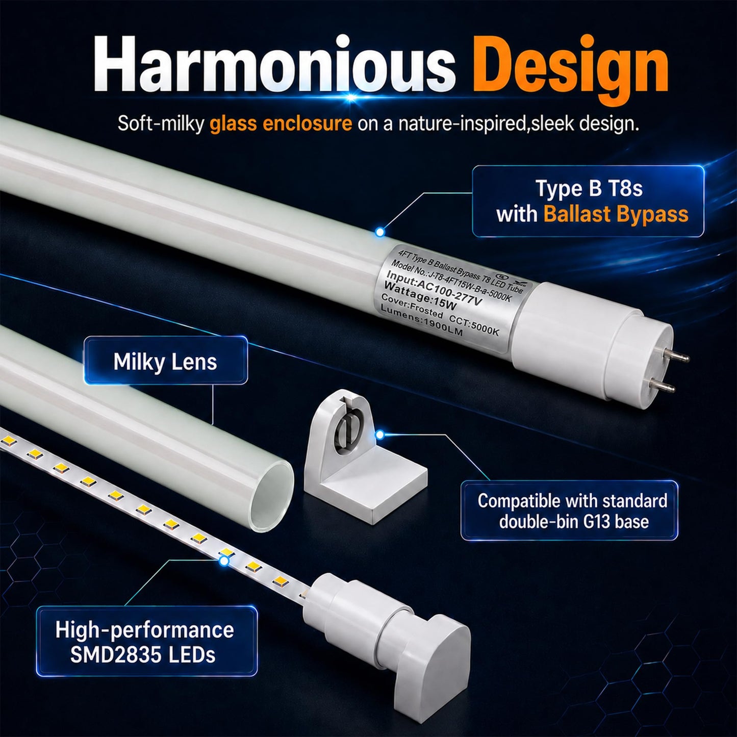 JCE 4FT T8 LED Bulbs,15W (32W Fluorescent Equivalent),5000K Daylight White,1900lm,Ballast Bypass Type B,48 Inch Tube Light,Double/Single-Ended