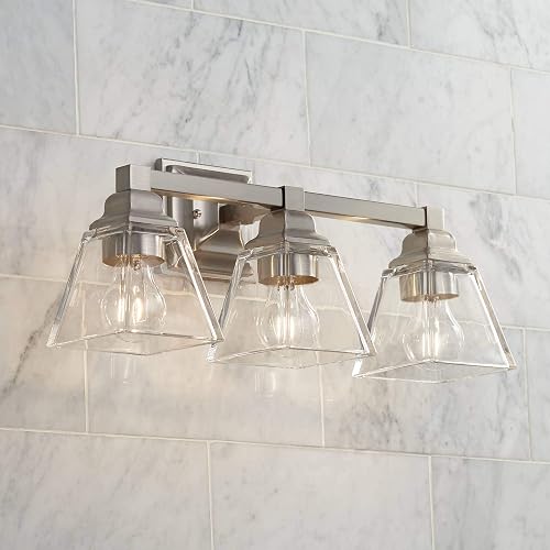 Regency Hill Mencino Mid Century Modern Wall Light Satin Nickel Silver Metal Hardwired 20" Wide 3-Light Fixture Clear Glass Cone Shade for Bathroom