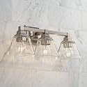Regency Hill Mencino Mid Century Modern Wall Light Satin Nickel Silver Metal Hardwired 20" Wide 3-Light Fixture Clear Glass Cone Shade for Bathroom