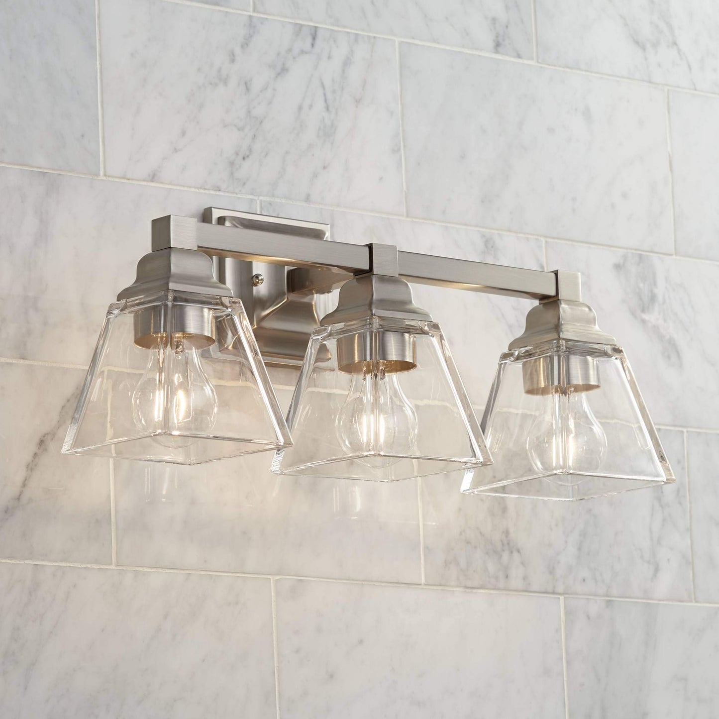 Regency Hill Mencino Mid Century Modern Wall Light Satin Nickel Silver Metal Hardwired 20" Wide 3-Light Fixture Clear Glass Cone Shade for Bathroom