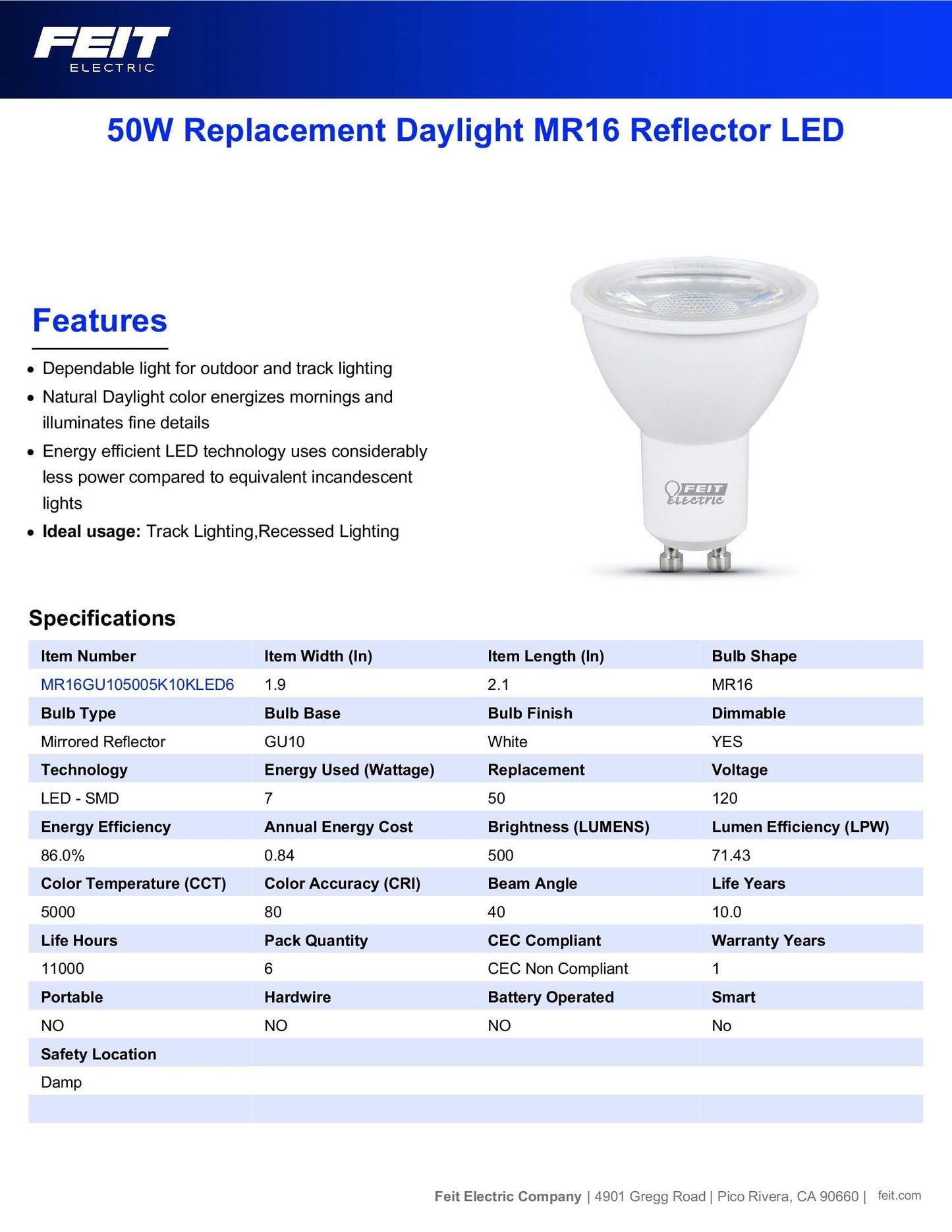 Feit Electric LED MR16 Track Light Bulb, 50W Eq, Daylight White, 6-Pack