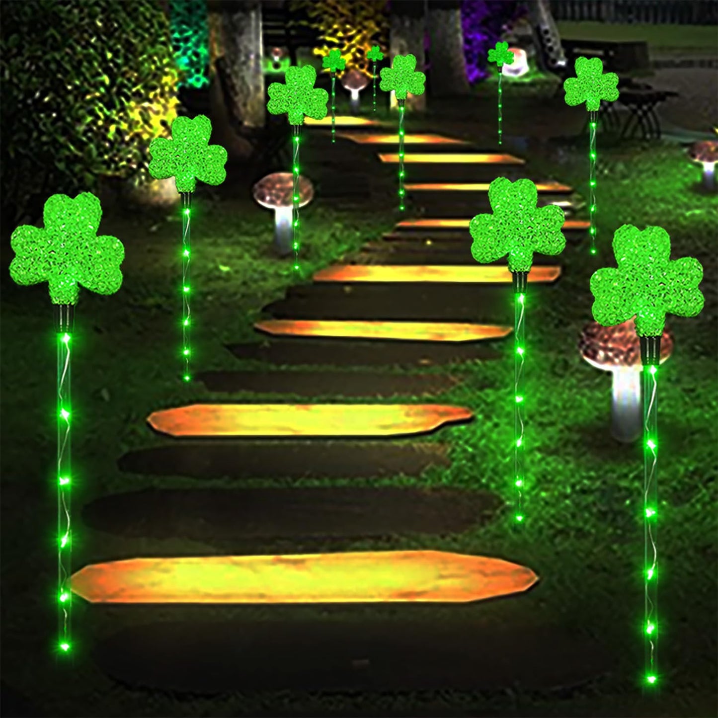 ANLTDTC Solar Shamrocks Garden Stake Lights for St. Patrick's Day Decorations Outdoor, 8 Modes Green Lucky Clover Pathway Lights Waterproof St