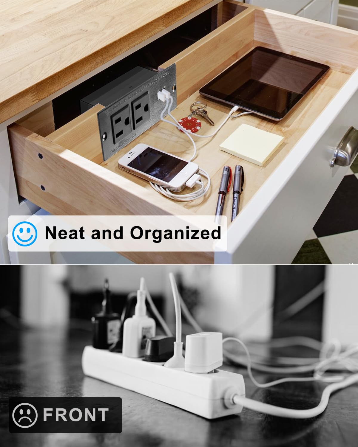 HUQUZN Drawer Outlet Kit with Two 15Amp AC Sockets & Two 20W USB-A Sockets, in-Drawer Outlet Charging Station for Bathroom Bedroom Livingroom Kitche