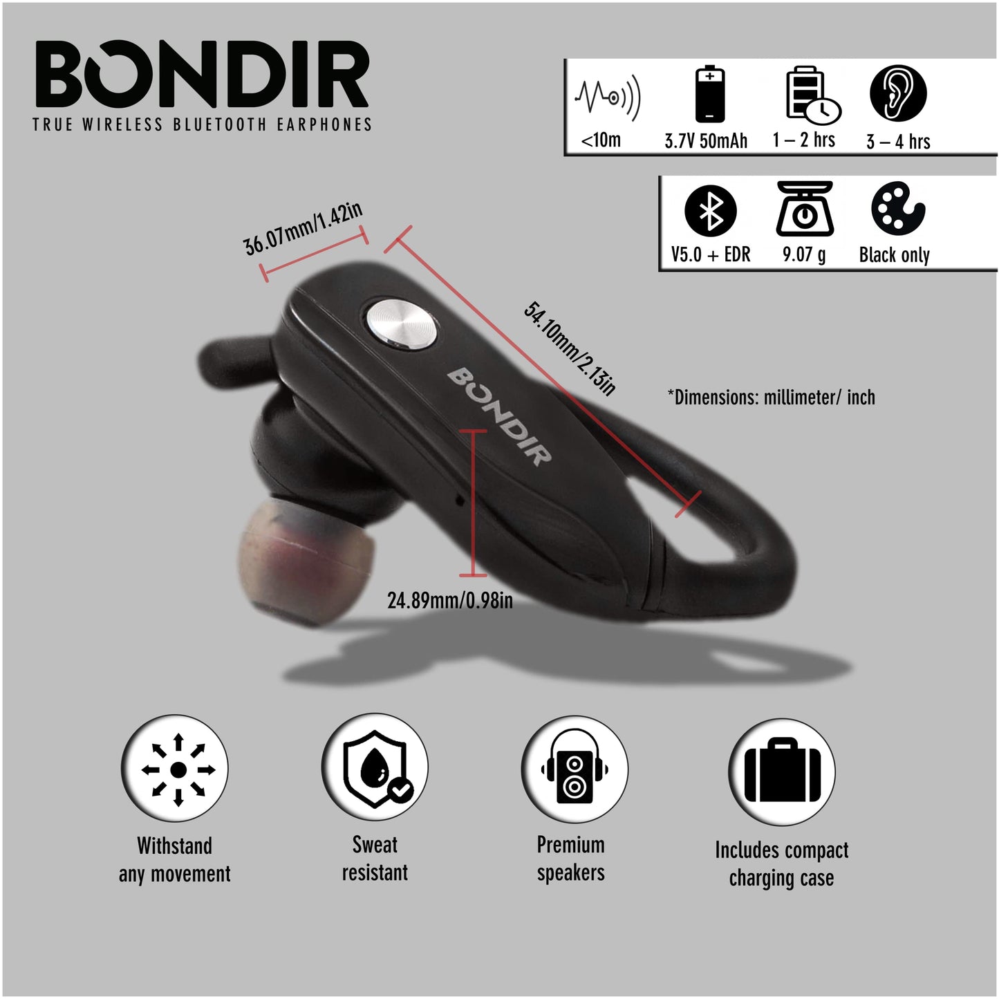 BONDIR True Wireless Bluetooth Earphones (Black)