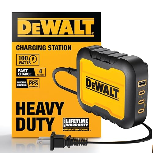 DEWALT Heavy Duty 4 Port USB C Charger Block, 100W USB C Charger Intelligent Power Sharing, 6ft Power Cord, Charge 4 Devices Compatible w/DEWALT 20V