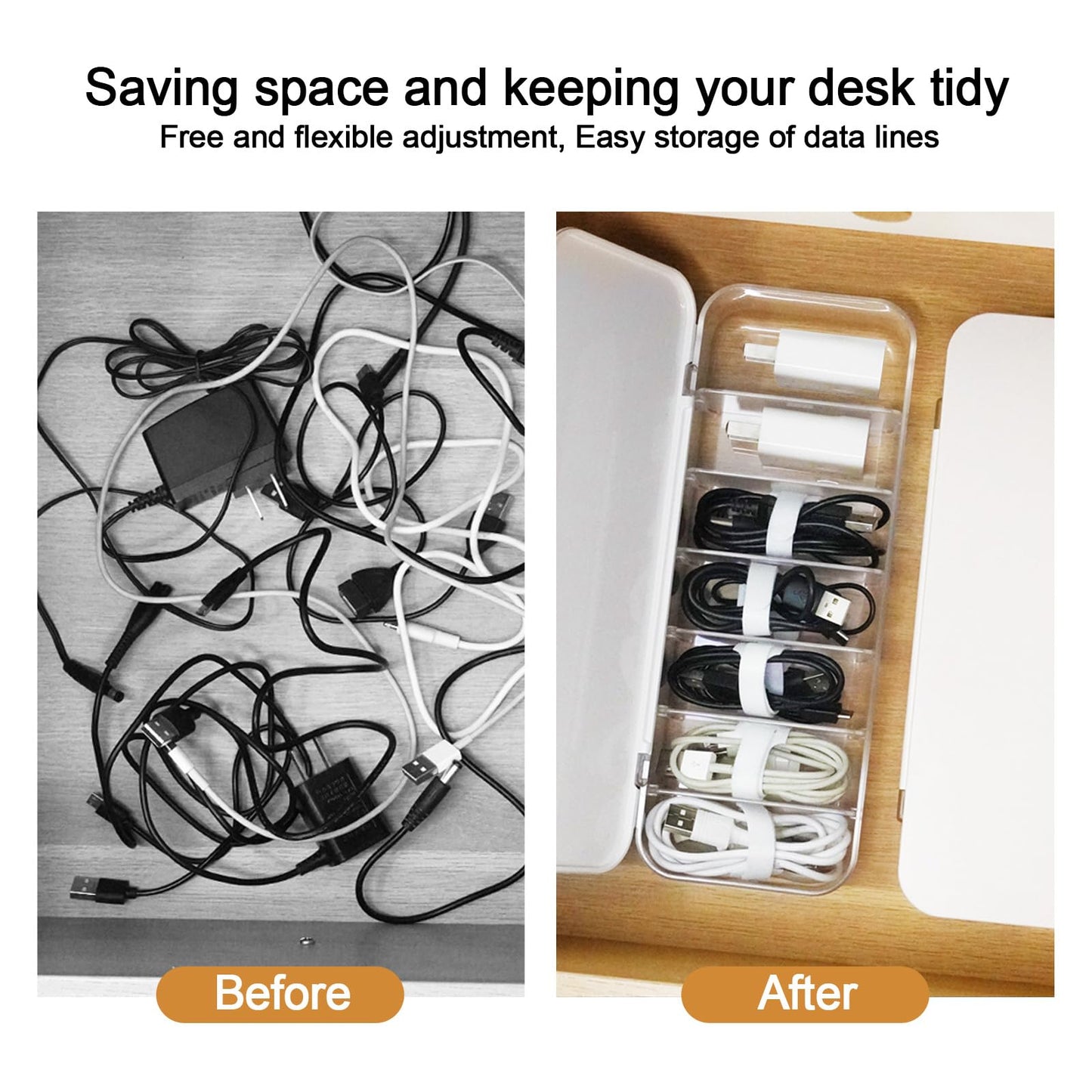 Asonen Cable Organizer Box with 14 Wire Ties and 6 Magnetic Cable Clips, Desktop Cord Management Box with Dividers and Lid for Home Office Storage