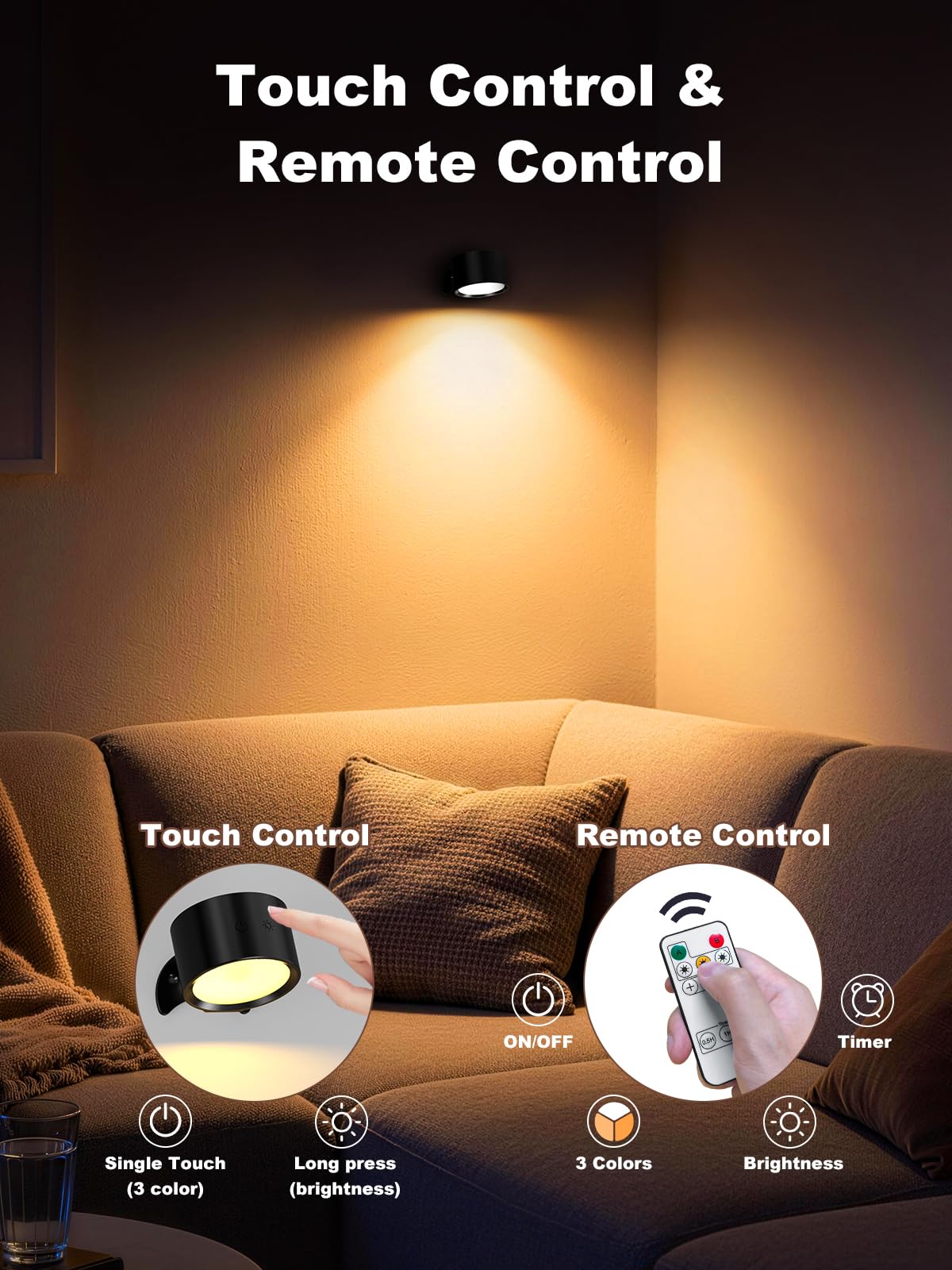 Smiling Shark Wireless Wall Lights, Rechargeable Wall Lights LED Set of 2 360° Rotate Magnetic 3 Color & 4 Brightness Stepless Dimming Adhesive