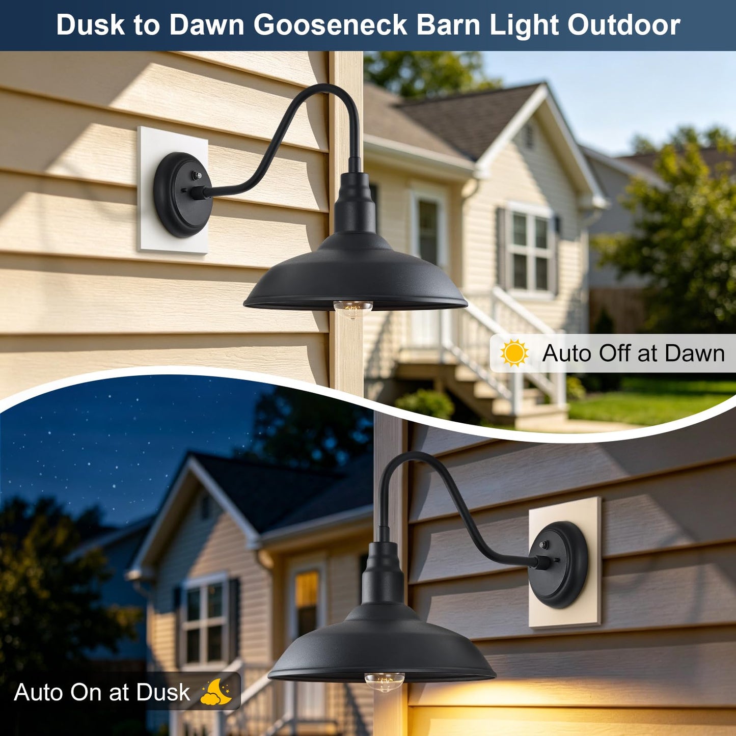 GOALPLUS 14in Large Dome Gooseneck Barn Light Outdoor, Dusk to Dawn Outdoor Barn Lights, Matte Black Farmhouse Exterior Light Fixture, Goose Neck Wall