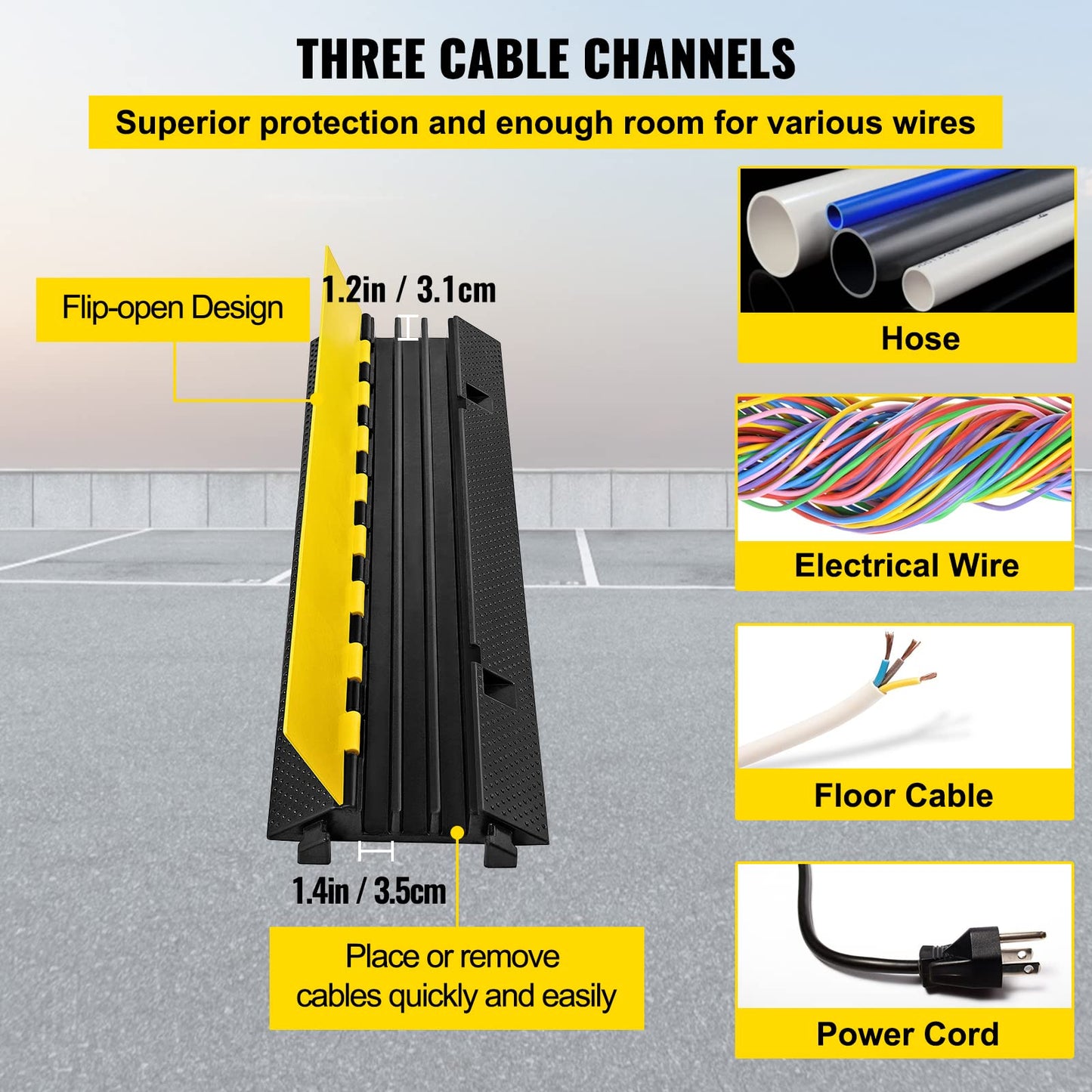 Happybuy 1 Pack of 3-Channel Rubber Cable Protector Ramps Heavy Duty 44000Lbs Load Capacity Cable Wire Cord Cover Ramp Speed Bump Driveway Hose Cable