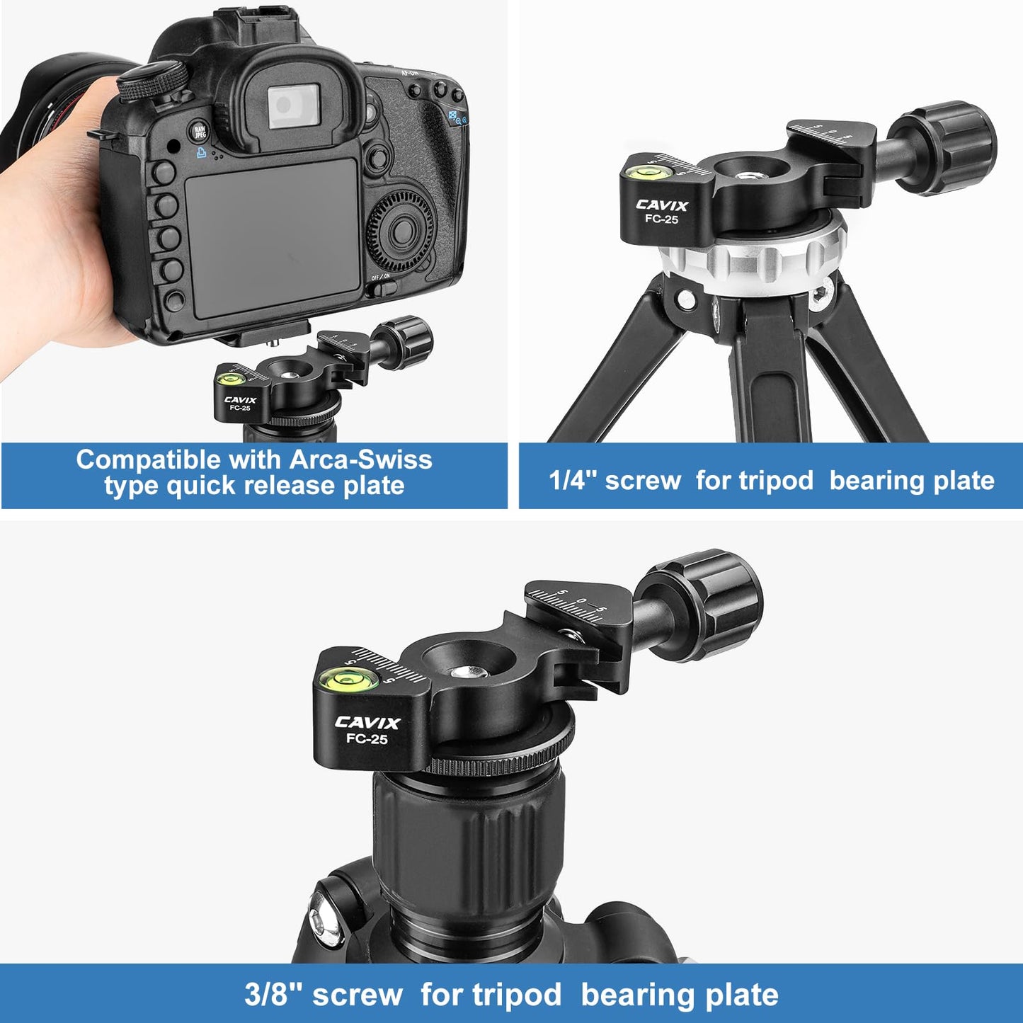 Camerig Mini Fish Bone Style Quick Release Clamp - Arca Clamp with 3/8"-1/4" Screw Adapter for Tripod Ball Head Compatible with Arca Swiss Plate