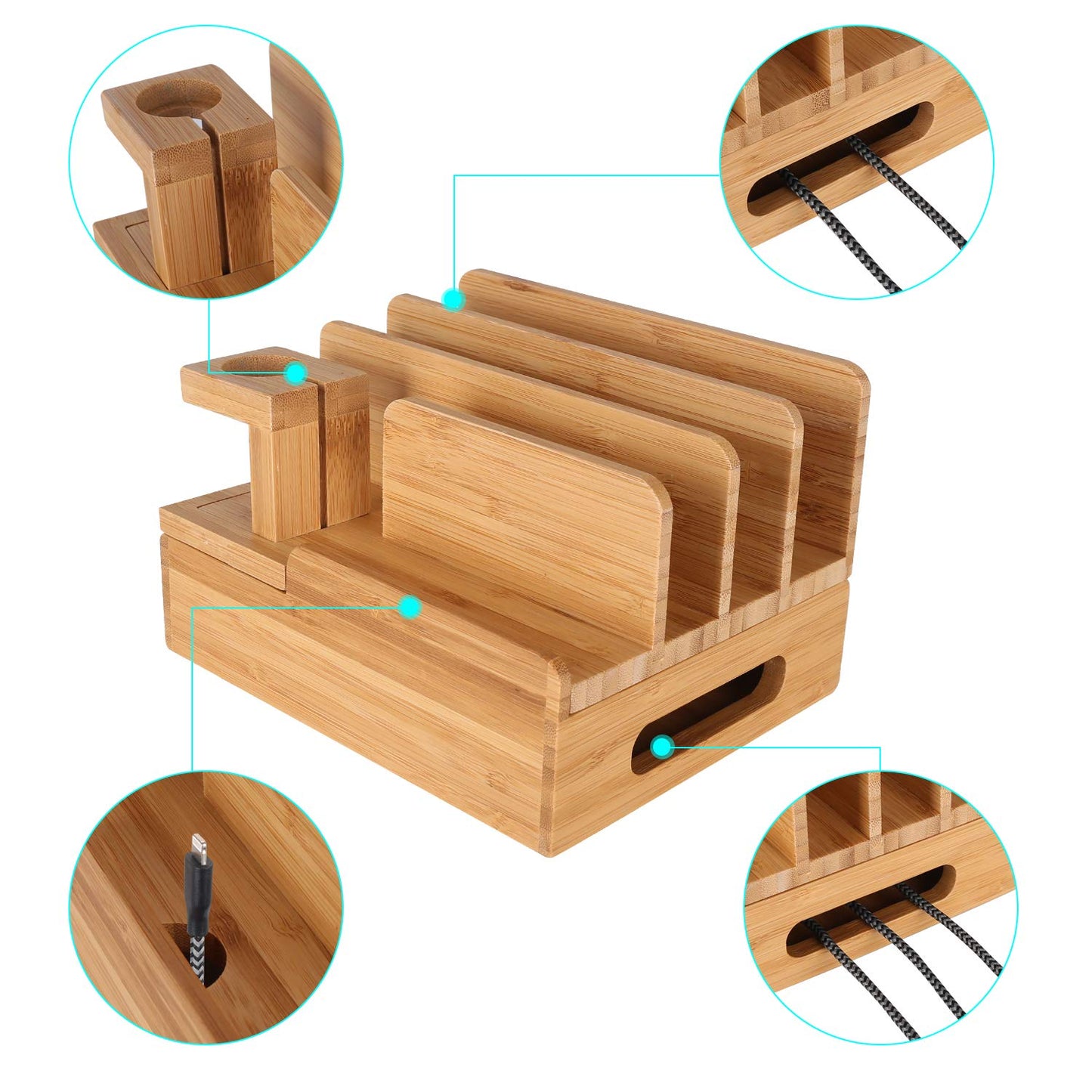 Bamboo Wood Multi-Device Desktop Charging Dock Station Charger Holder Cradle Charge Stand Compatible iPhone 16 15 14 13 Pro Max iPad Mini Pro Air