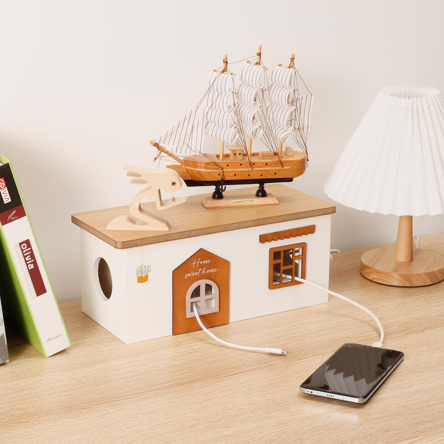 TUKDAK Cable Management Box, Wood Extension Cord Organizer, Handmade Power Strip Box for TV Computer Wire USB Hub System, Surge Protector Cord Hider