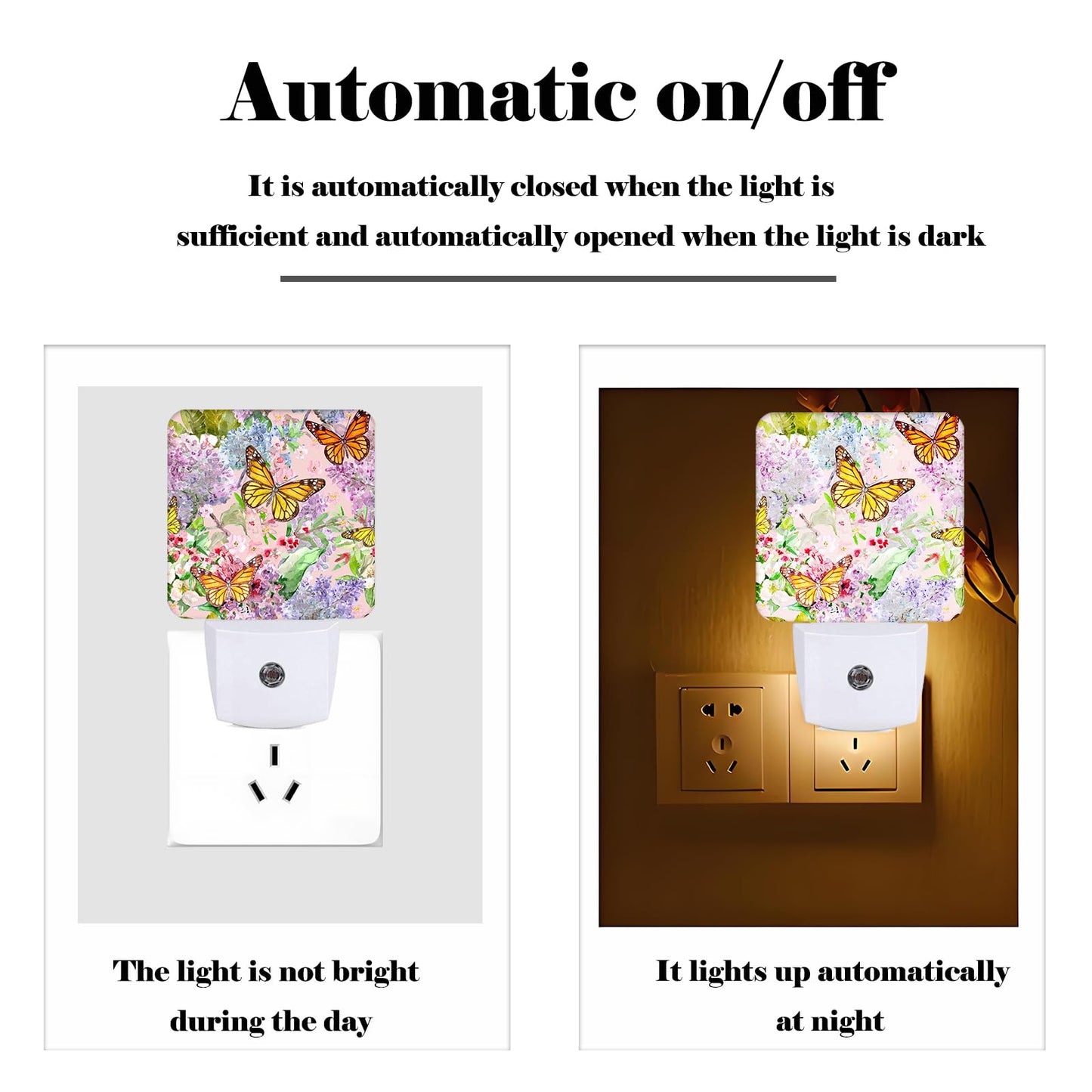 Spring Flowers and Butterflies Night Light ,Plug Into Wall Decor for Stairway,Hallway,Kitchen,Dusk To Dawn Sensor Nightlights for Boys/Girls/Women/Men