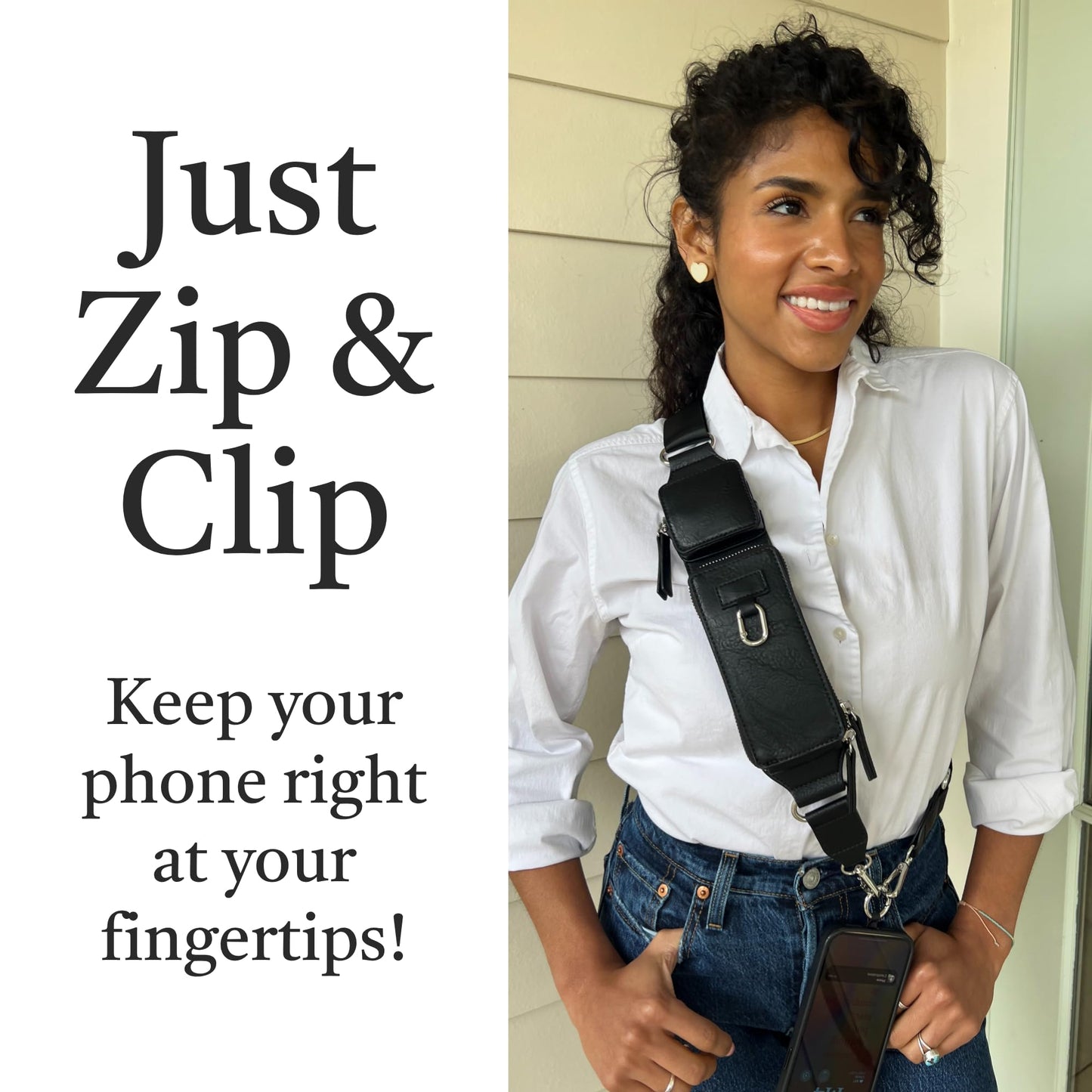 Save the Girls Zip & Clips Phone Lanyard Crossbody with Wallet for Women (Black) - Stylish and Lightweight Vegan Leather Phone Strap, Hands-Free