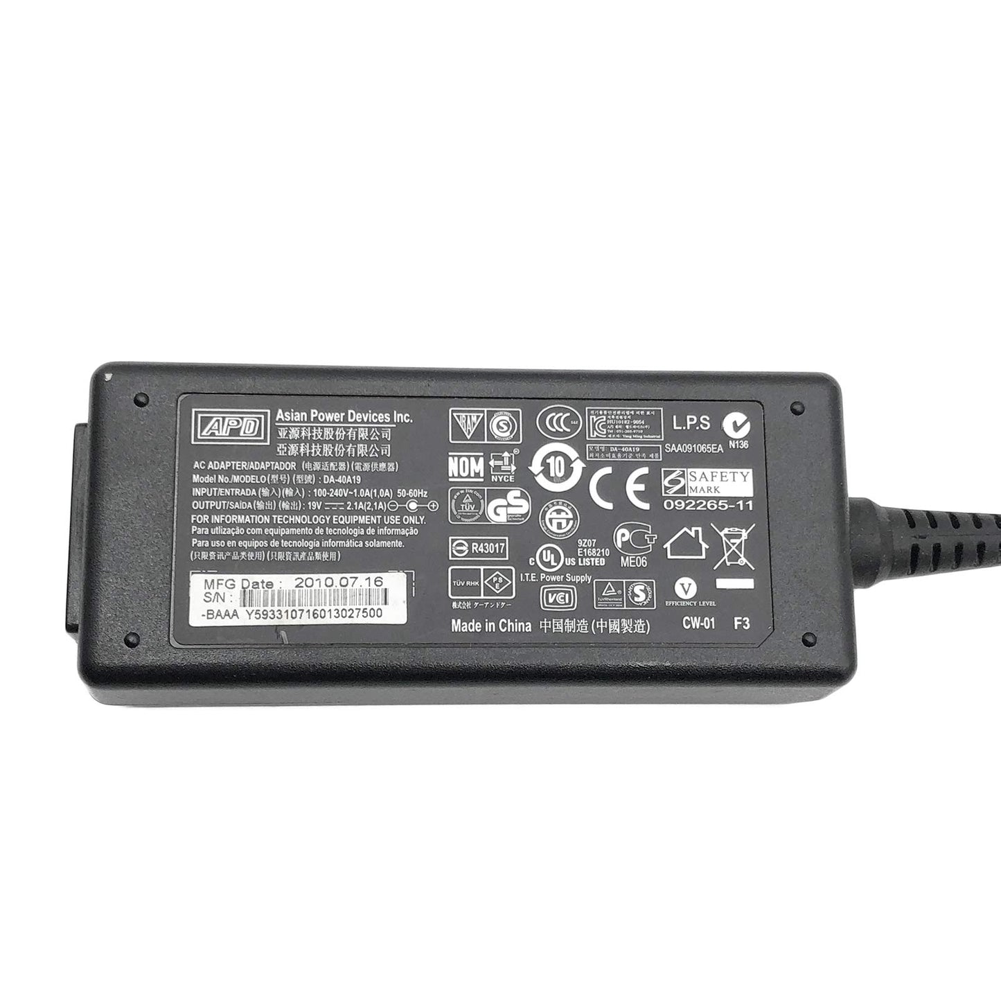 APD DA-40A19 AC Power Supply Adapter 19V 2.1A 40W w/PC