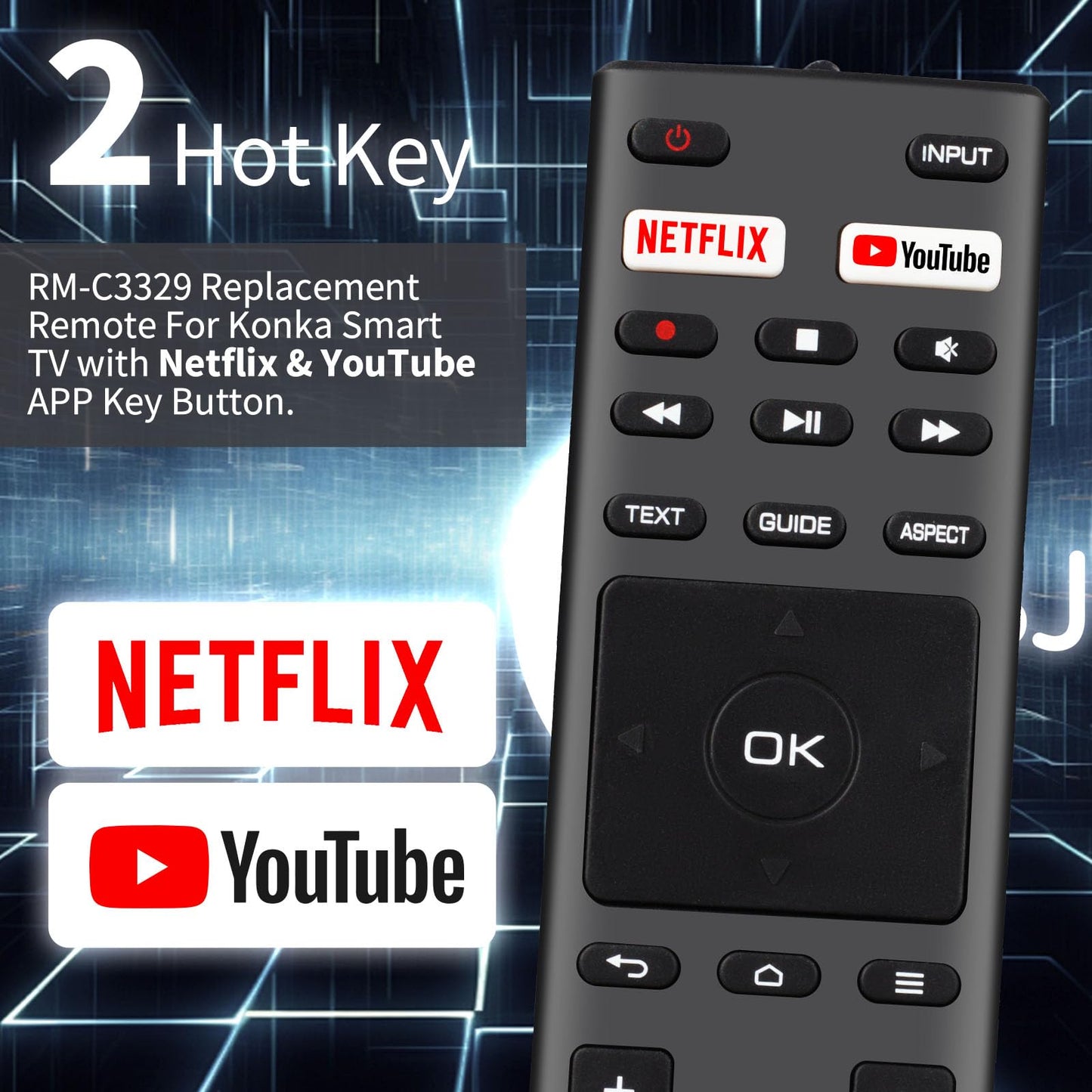 RM-C3329 Remote Control for JVC Konka 4K Android TV Remote - Replace Konka JVC TV Models 32H31A 40H33A 43U55A 50Q75A 50U55A 55Q75A 55U55A 65Q75A