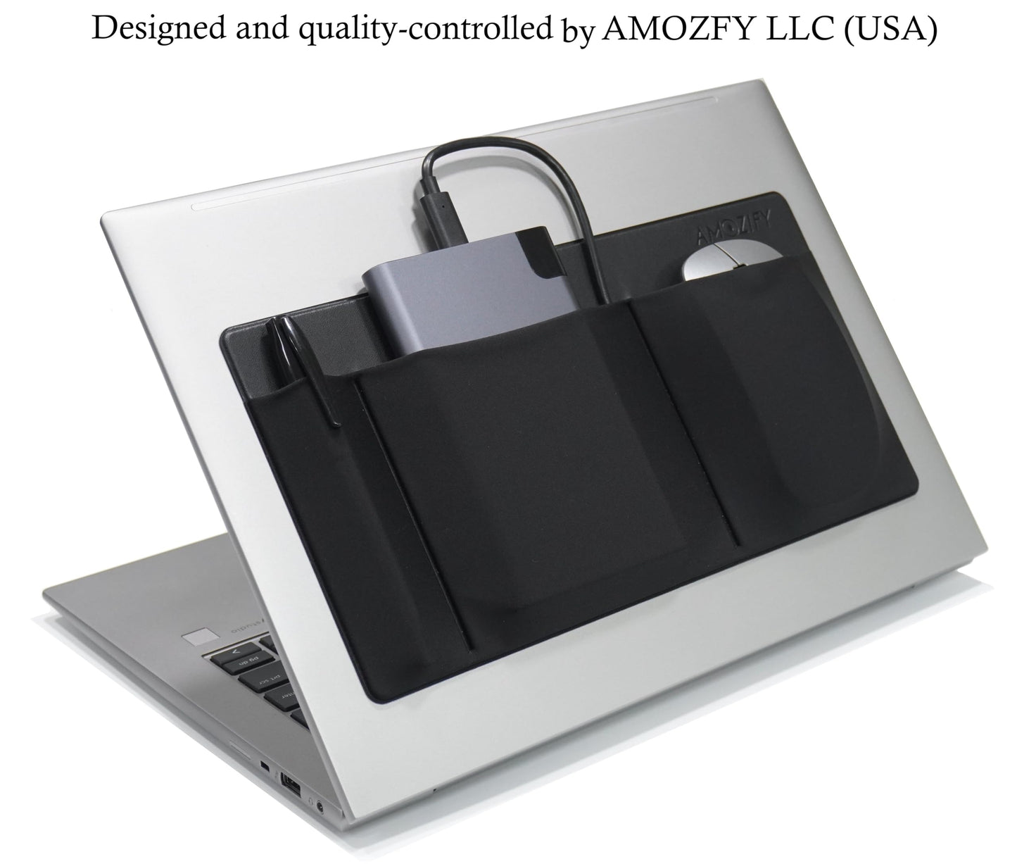 AMOZIFY® 3-Pocket Organizer, Mouse Holder for Laptop Stick On, Adhesive Pouch & External Hard Drive Sleeve, SSD Storage Case for MacBook, Reusable