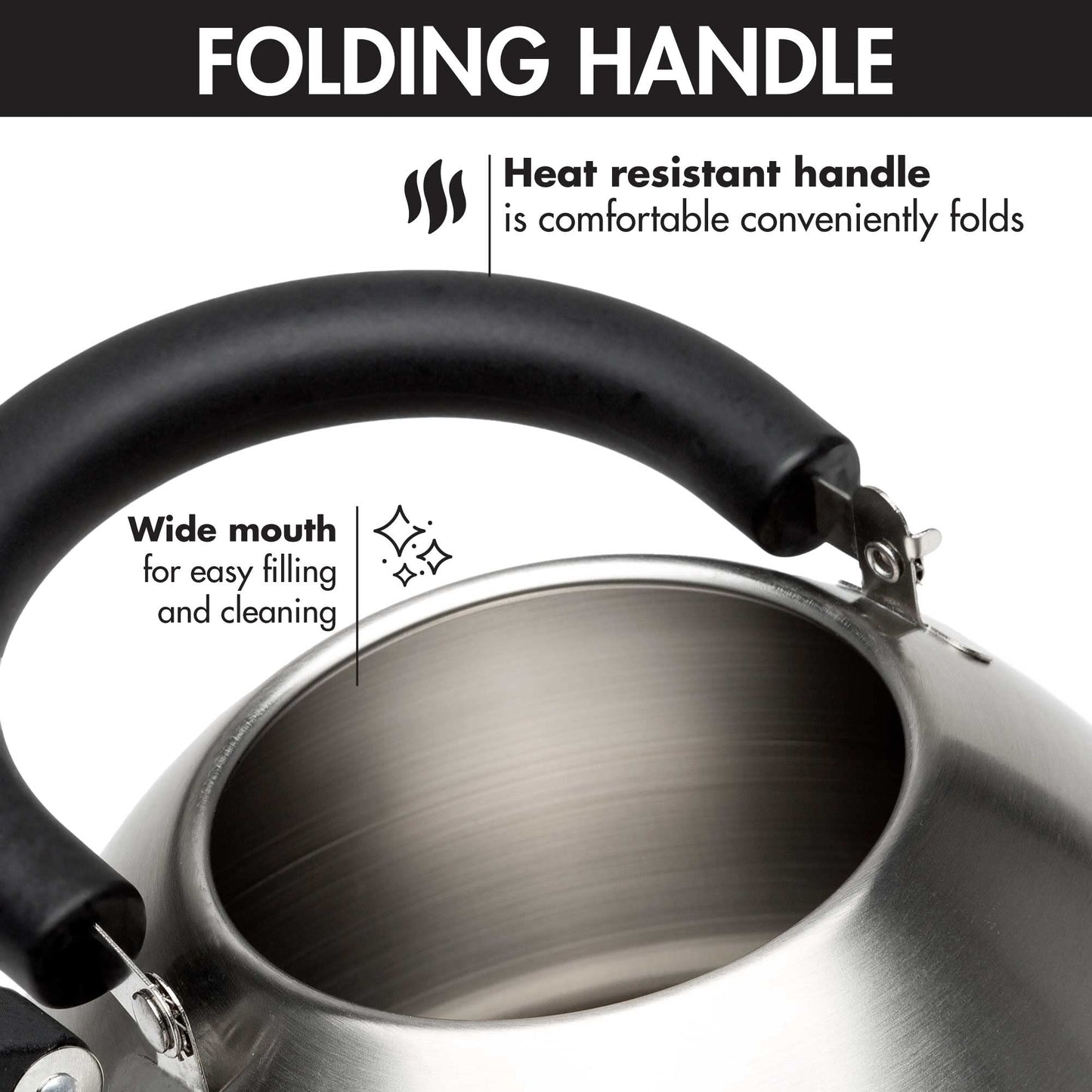 Primula Stewart 1.5-Qt Whistling Tea Kettle – Food-Grade Stainless Steel, Fast Boil, Cool-Touch Folding Handle, Brushed Finish with Black Handle