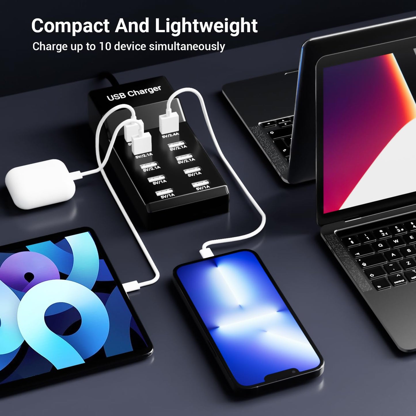 USB Charging Station 50w10A 10-Port Charger, Multiport Charger Hub, Compatible with iPhone, Galaxy, iPad Tablet, and Other Devices?Black?
