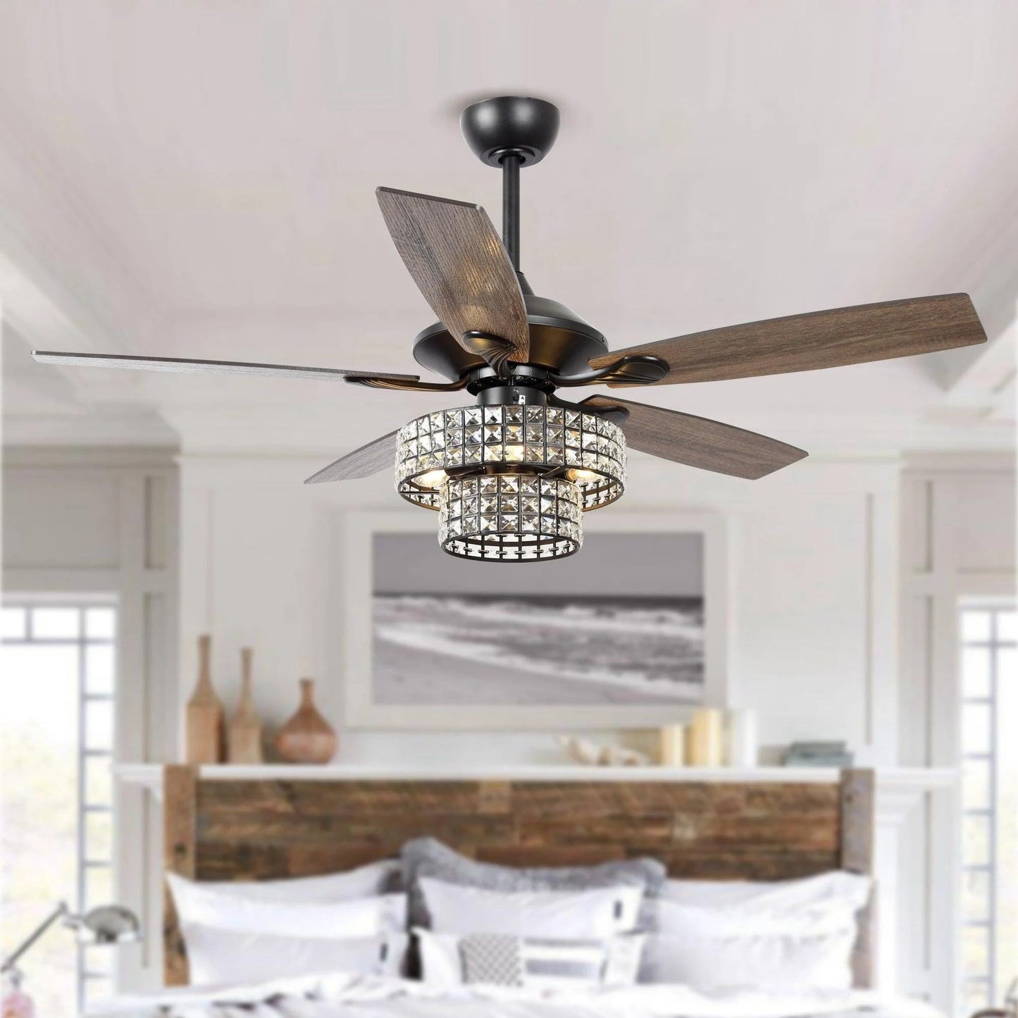 Vaczon 52 Inch Ceiling Fan with Light & Remote - Farmhouse Caged Fandelier, Crystal Mosaic Style Ceiling Fan with 6 Speeds,Reversible