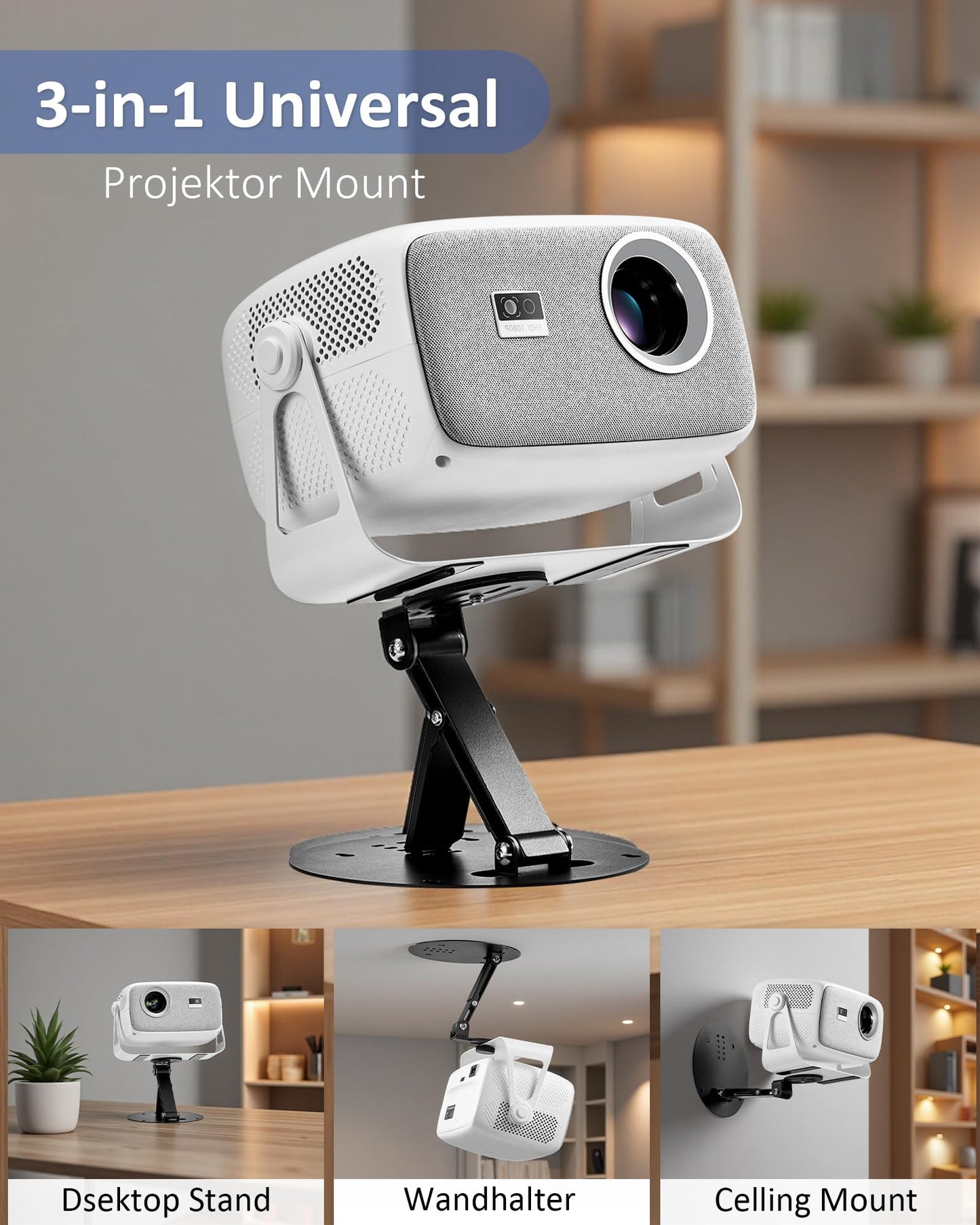 beautiebeam Projector Holder, Portable, Foldable, Multidirectional, Adjustable, 1/4 Inch Universal Screw, Maximum Load 2 kg, for Ceiling/Wall/Desk