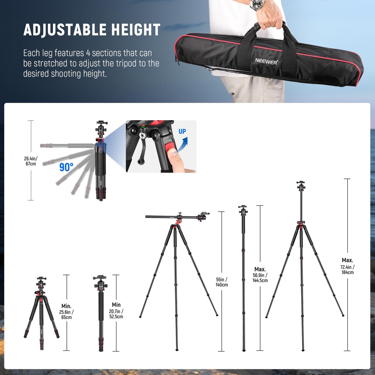 NEEWER 72 inch Camera Tripod Monopod with Center Column and Ball Head Aluminum, Arca Type QR Plate, Bag, Horizontal Tripod Overhead Camera Mount