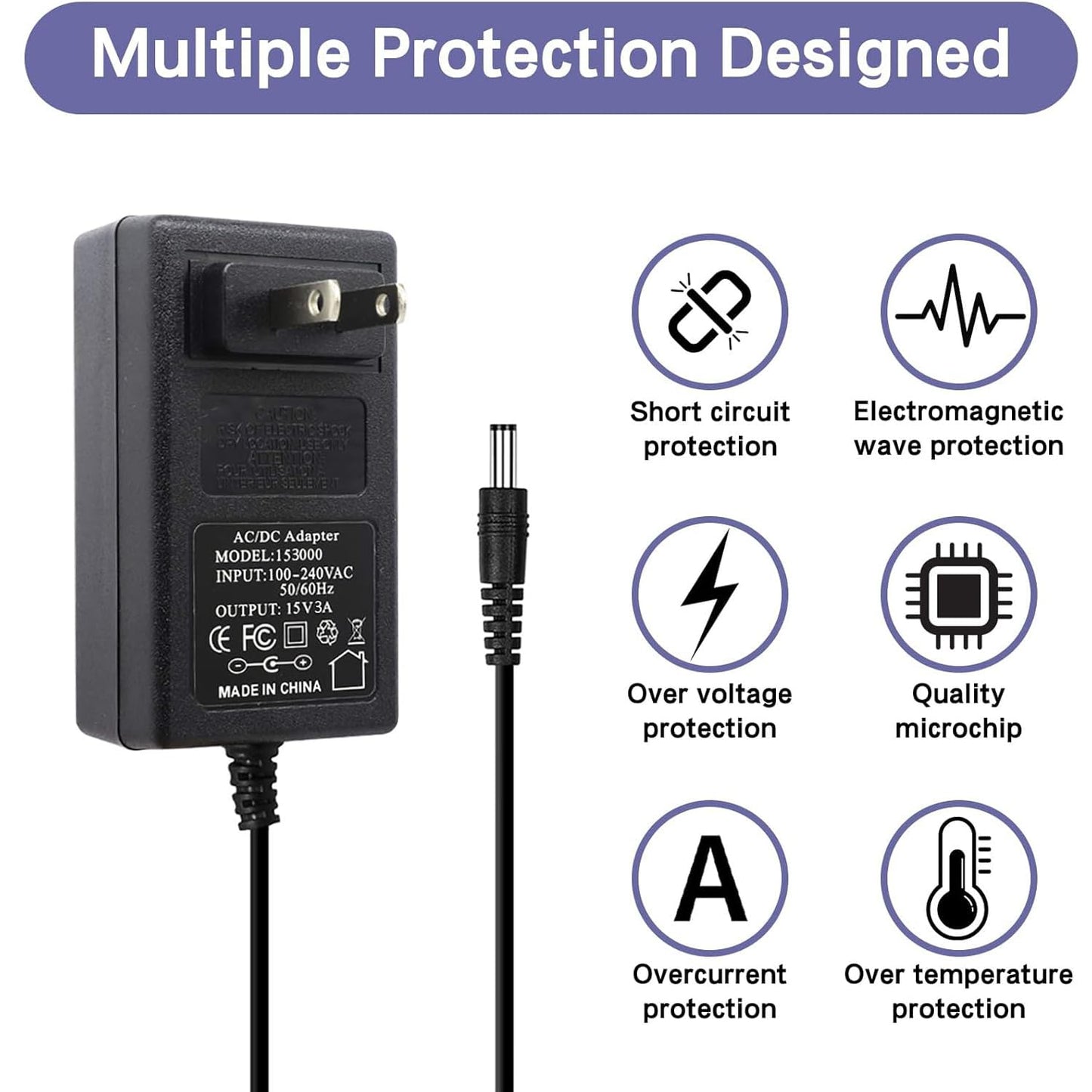 15V 3A 6FT Power Supply Adapter Charger Cable (Input AC 100V-240V, Output DC 15 Volt 3 Amp 45 Watt) Adapter Transformer Converter DC 5.5mm x 2.1mm…