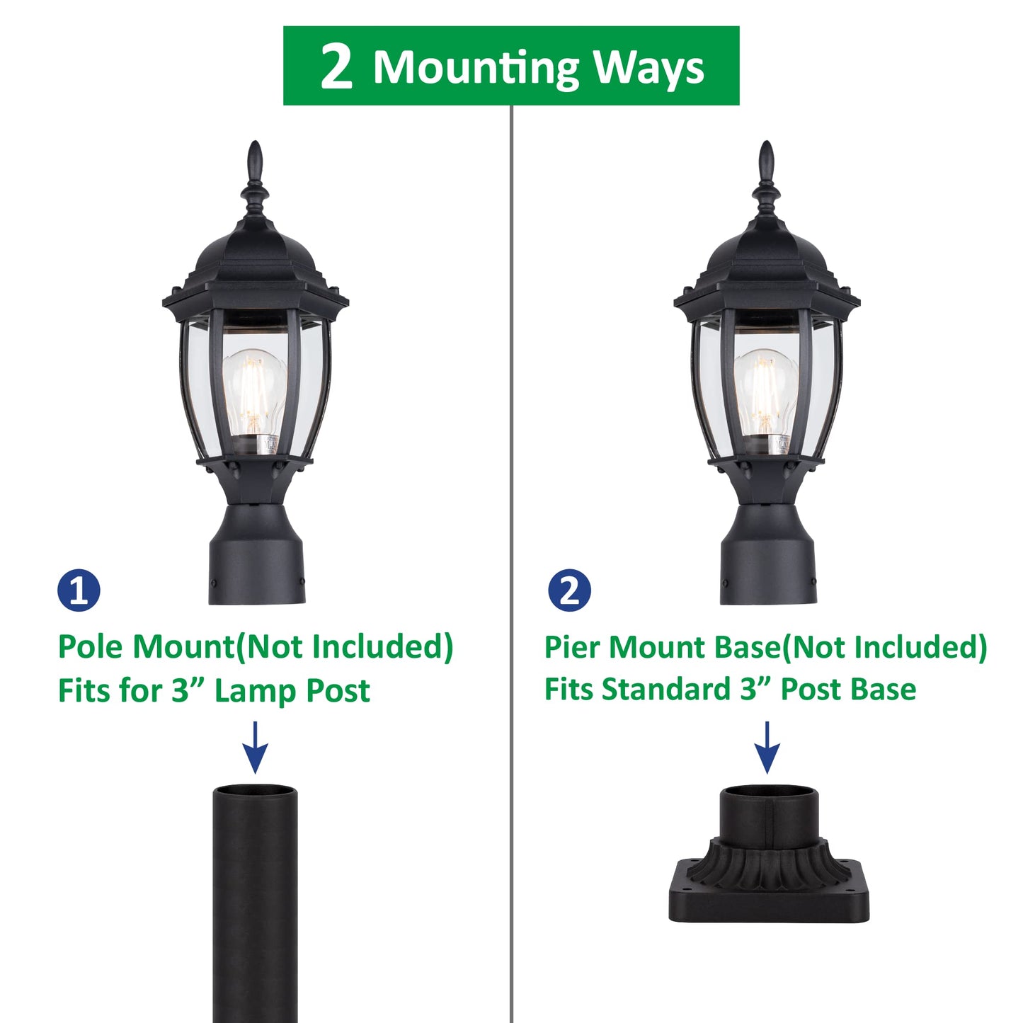LIT-PaTH Outdoor Post Lighting Fixture Pole Lantern, 16'' Waterproof Aluminum Post Lamp with Clear Glass, E26 Socket, Outside Lights for House Yard