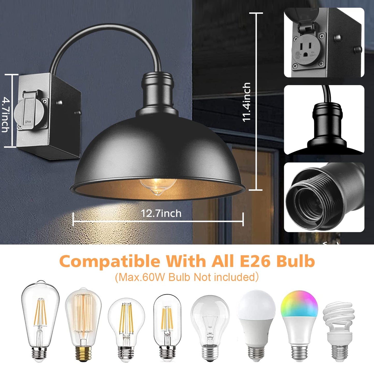Bdrofn 2-Pack Outdoor Wall Sconces, Exterior Farmhouse Gooseneck Barn Light, Vintage Matte Black Outside Wall Lighting Fixture, Anti-Rust Waterproof