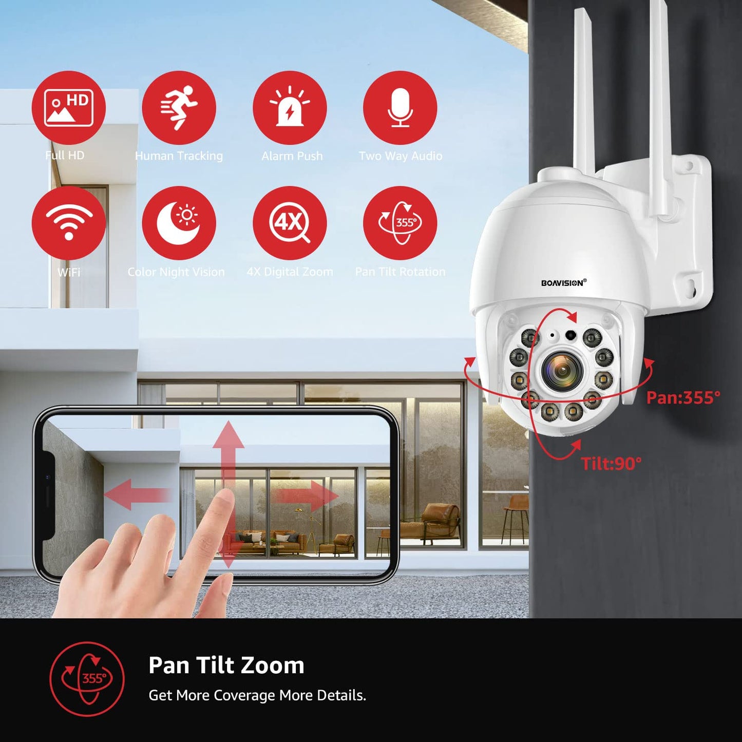 BOAVISION 2K Security Camera Outdoor, Wireless WiFi IP Camera Home Security System 360° View,Motion Detection, auto Tracking,Two Way Talk, pan Tile