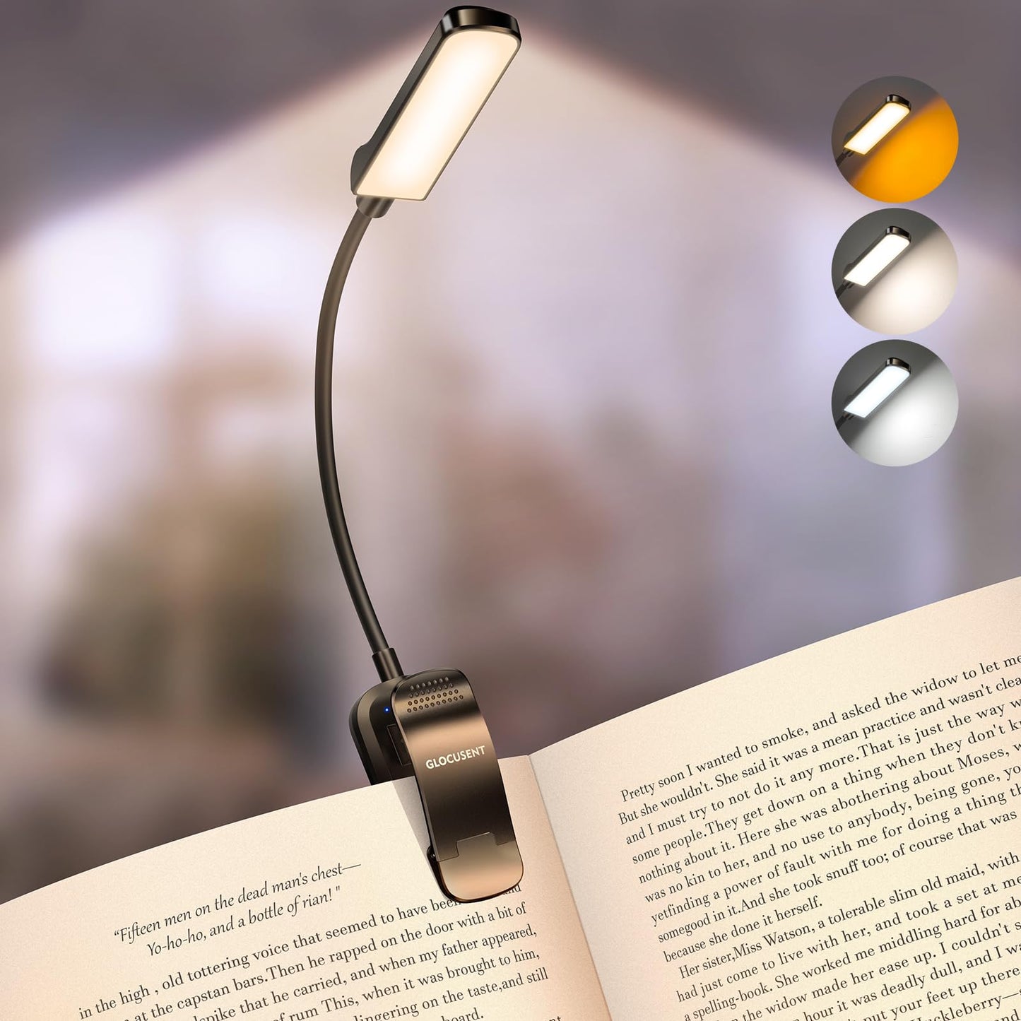 Glocusent 13 LED Rechargeable Book Light for Reading at Night, Eye-Caring 3 Amber Colors & Stepless Dimming, Lasts 1 Week to 2 Months, Travel Clip on
