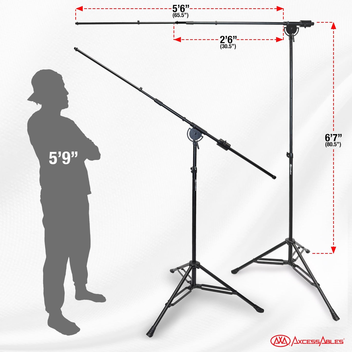 AxcessAbles AXCMB-T Heavy Duty Microphone Boom Stand with Weighted Tripod Base | 80.5-inch Height Overhead Mic Stand | 65.5-Inch Boom Arm Stand |