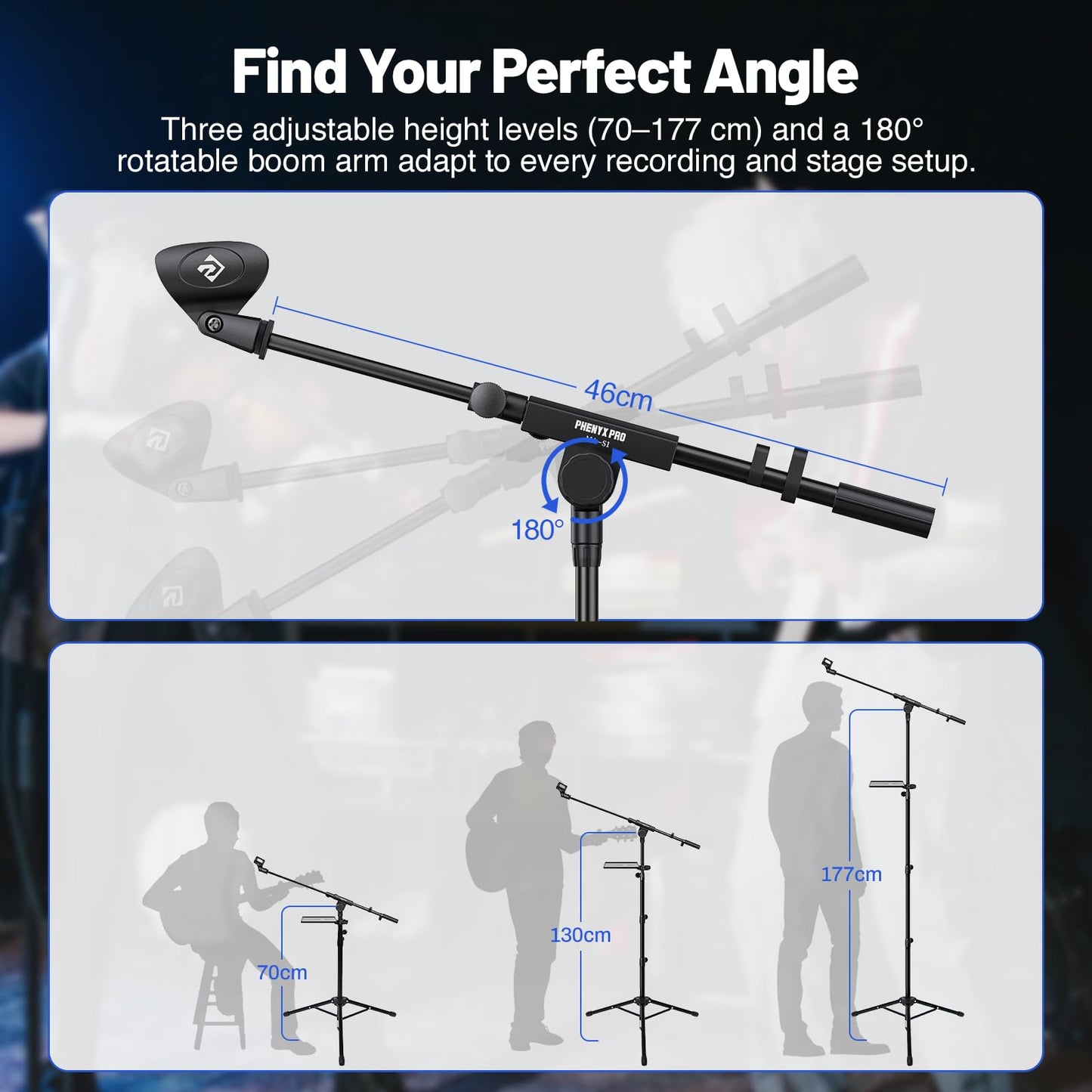 PHENYX PRO Microphone Stand with 22x16cm Large Tray, Adjustable Stand Height, Dual Mic Clips & Carrying Bag, Ideal for Live Streaming, Recording, and