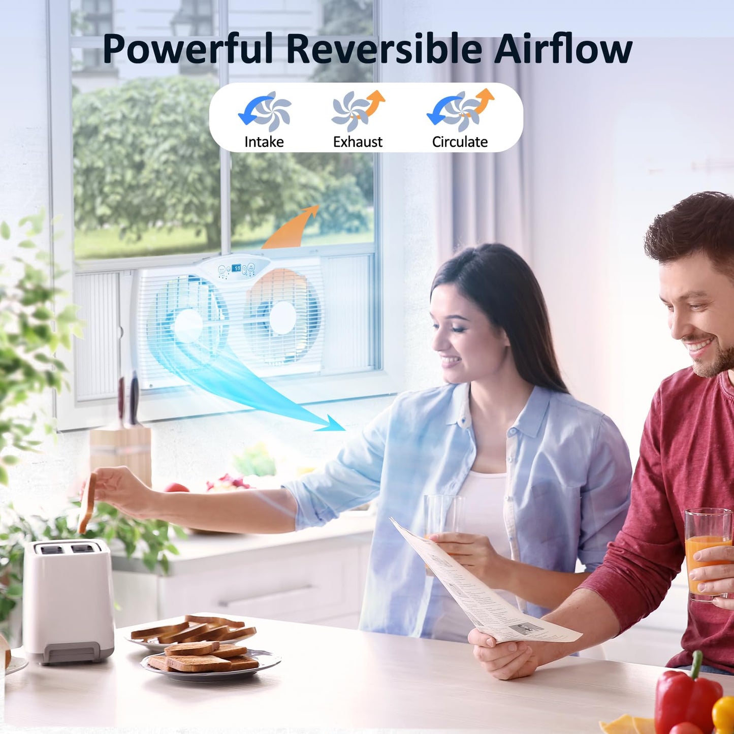 shinic Twin Window Fan, 9-Inch Blades Reversible Airflow, Thermostat Control, 3 Speeds, 3 Functions, 23.8"-37" Expandable Width, Window Exchaust Fans