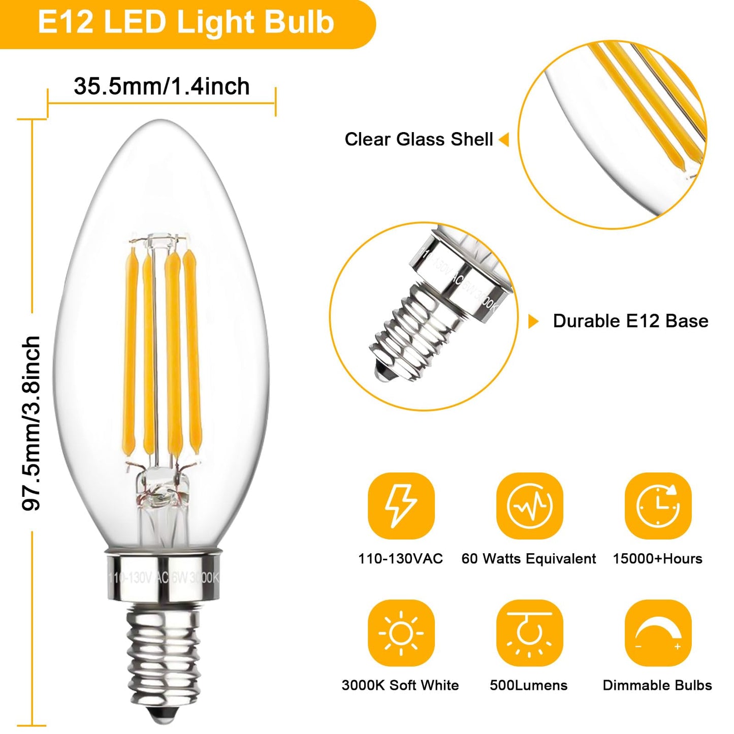 Boncoo E12 Candelabra Bulbs 60 Watt, Chandelier Light Bulbs LED Candle Bulb 3000K Soft White, B11 LED Bulb Dimmable 6W 500 Lumens Filament Decorative