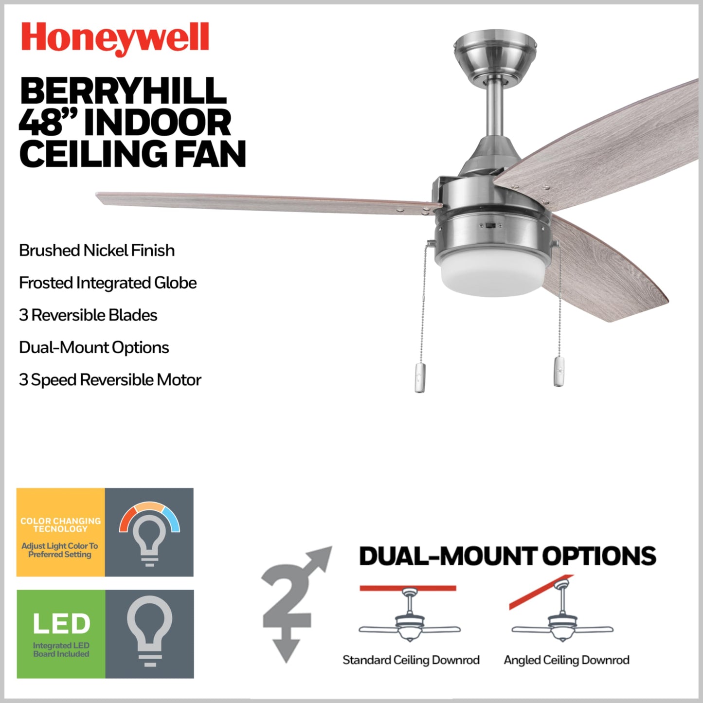 Honeywell Ceiling Fans Berryhill, 48 Inch Ceiling Fan with Color Changing LED Light, Pull Chain, Dual Mounting Options, 3 Dual Finish Blades
