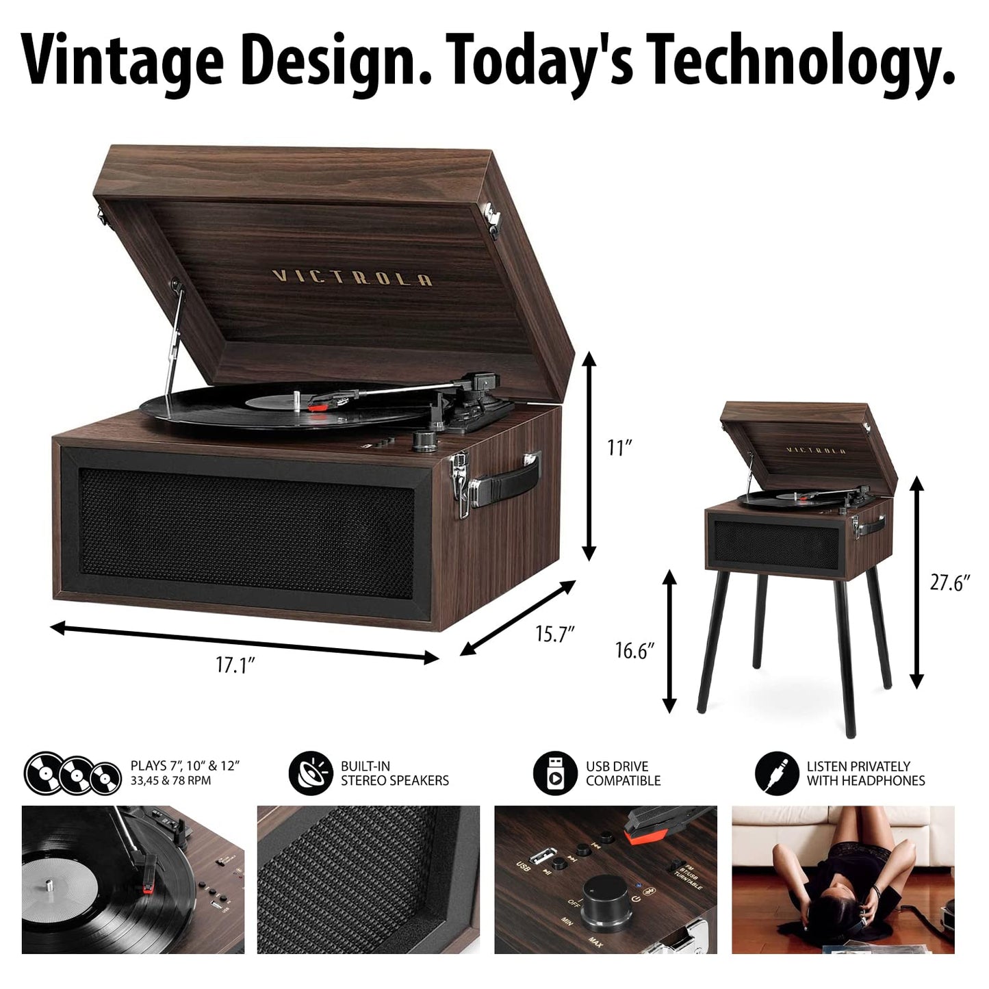 Victrola Liberty - Bluetooth Record Player - 5-in-1 Turntable with Vinyl Stream, FM Radio, USB Playback, Built-in Speakers, Use as Stand or Tabletop