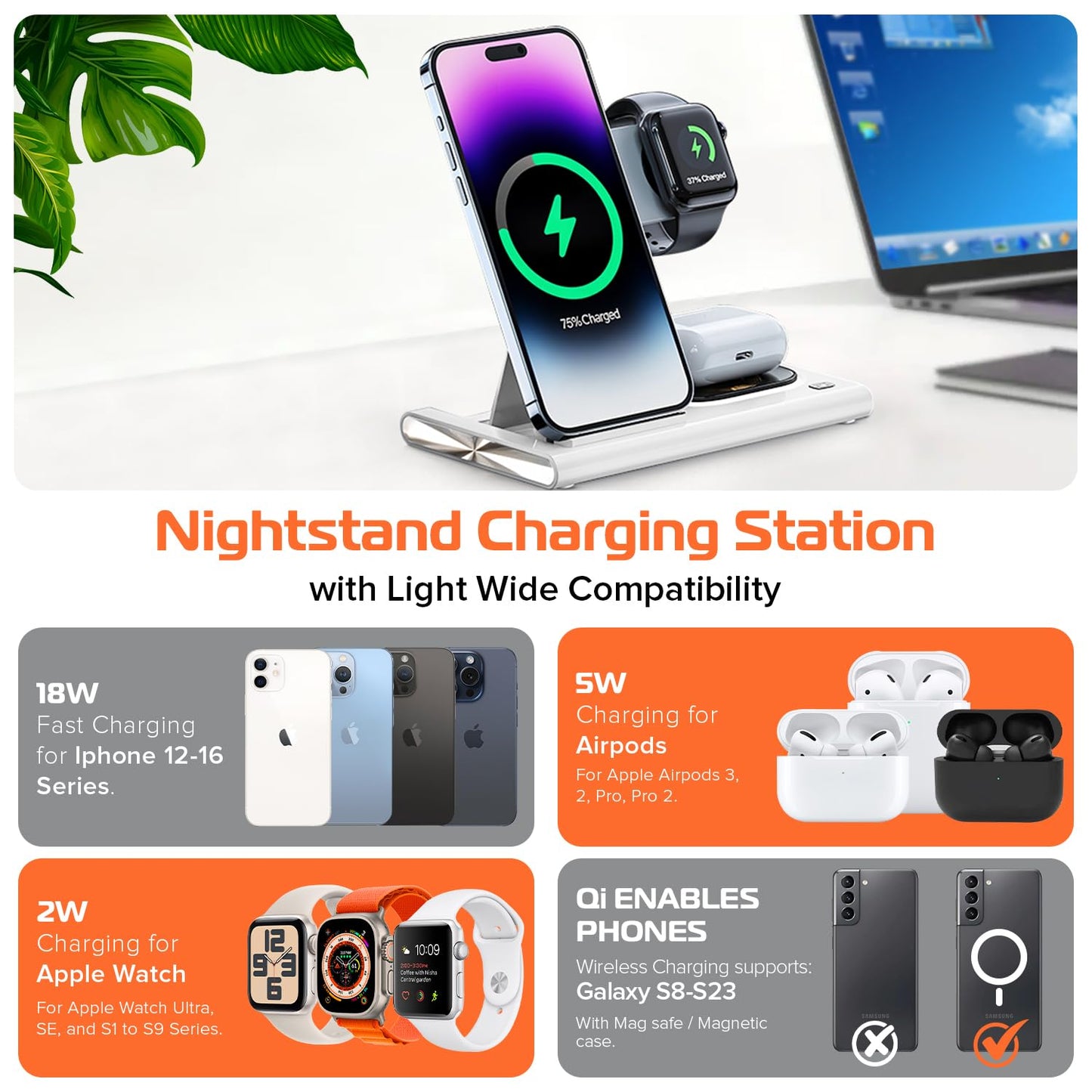 Spracht Flex Charge 3-3 in 1 Charging Station, Portable Charging Station for Smartphones, Smart Watches, Earbuds - 25W Fast Wireless Charger Stand