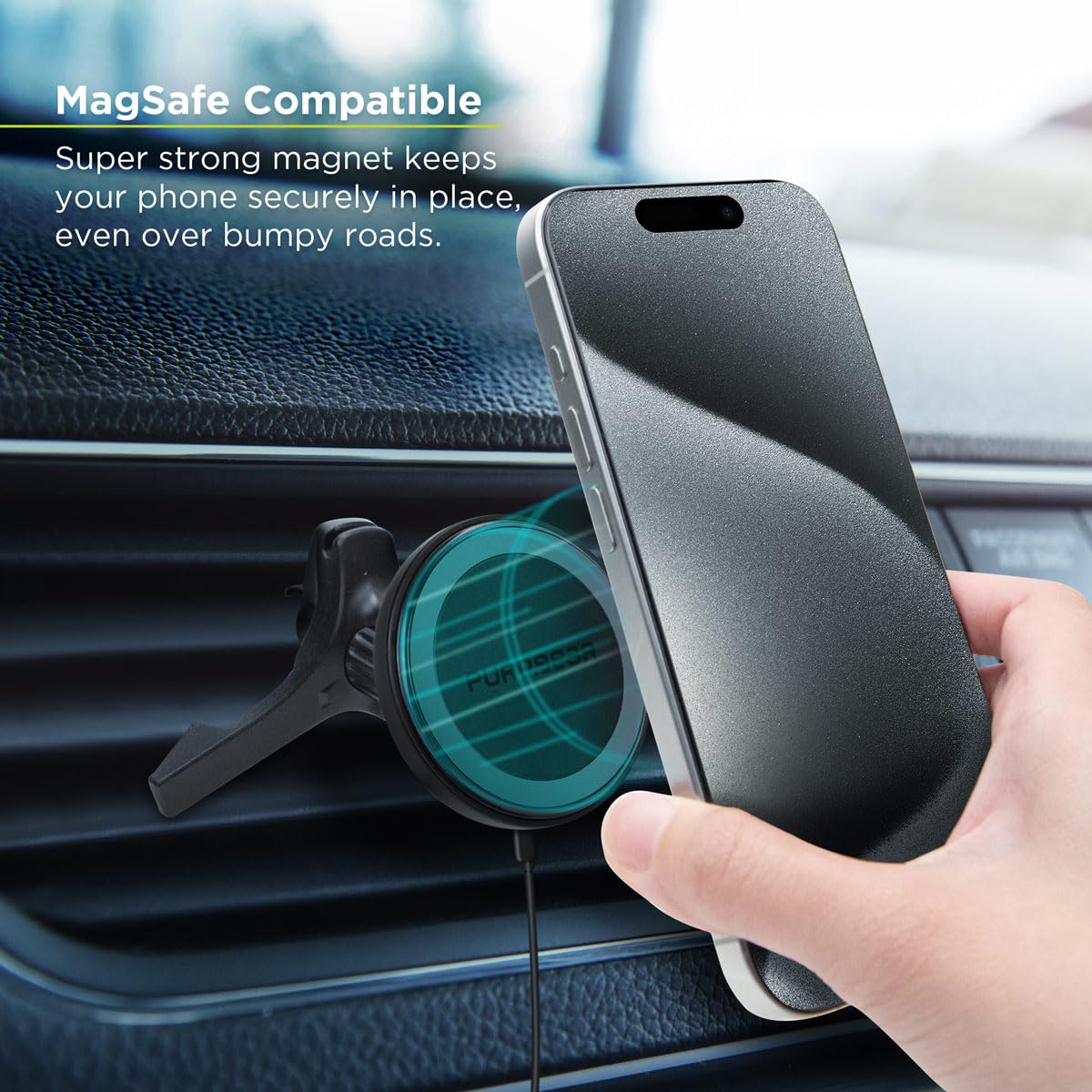 PureGear Qi2 Certified 15W MagSafe Car Mount Charger, Magnetic Wireless Car Charger, Car Phone Holder for iPhone 17/16/15/14/13/12, Air
