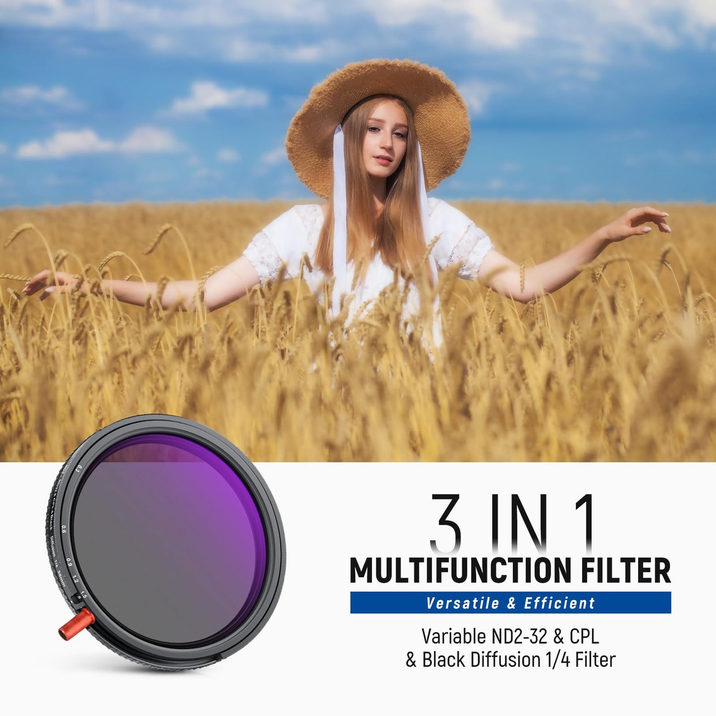 NEEWER 58mm 3 in 1 Variable ND Filter + CPL + Black Diffusion 1/4, ND2-32 (1-5 Stop), Camera Lens Neutral Density Circular Polarizing Multicoated HD